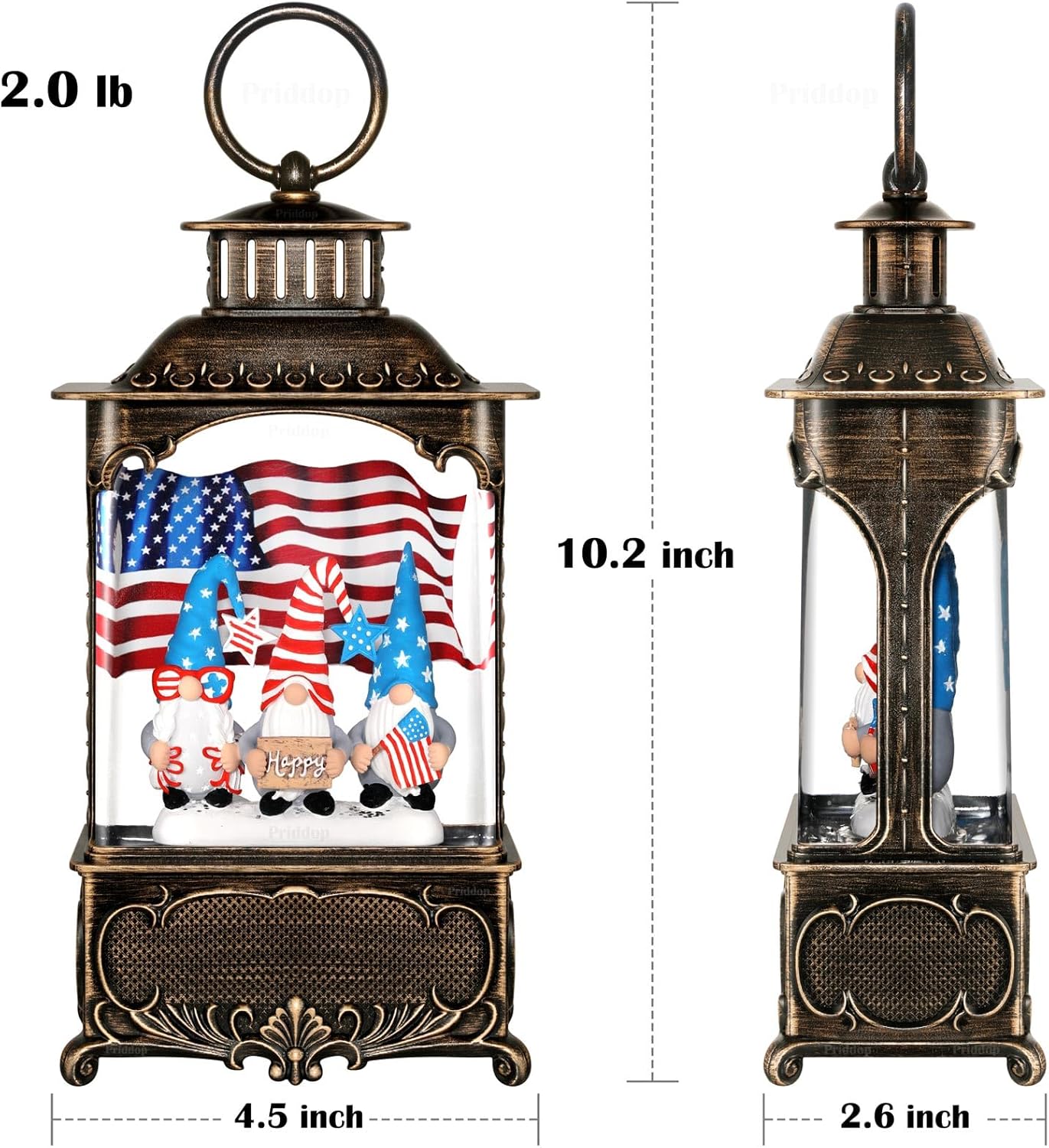 Gnome Snow Globe Lantern 4th of July Decorations with Timer, USB and Battery Powered 4th of July Shirts Patriotic Gnomes and American Flag Independence Day 10.2 inch