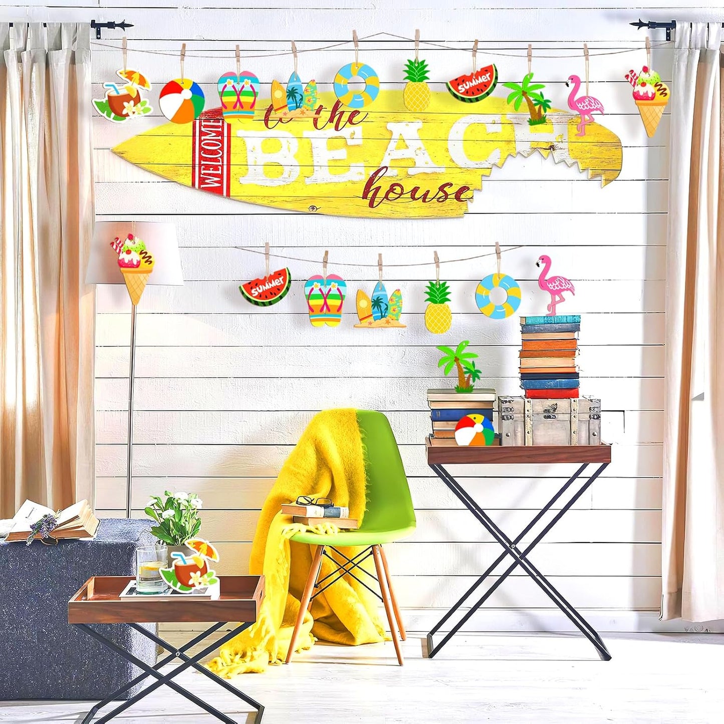 36PCS Wooden Summer Ornaments to Paint, 12 Styles DIY Blank Unfinished Wood Beach Cutouts Ornament for Crafts Hanging Decorations, Watermelon Surfboard Slippers Coconut Tree Home Decorations Gifts