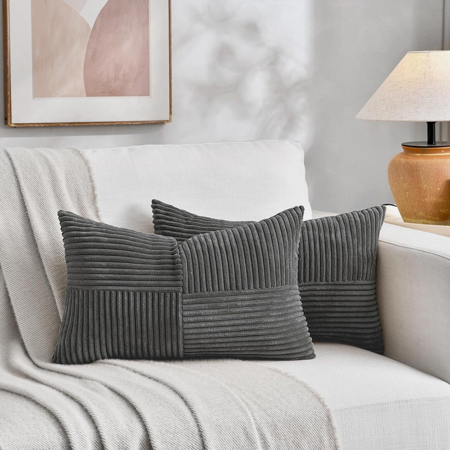 Fancy Homi 2 Packs Dark Gray Lumbar Decorative Throw Pillow Covers 20x28 Inch for Living Room Couch Bed Sofa, Farmhouse Home Decor, Soft Striped Corduroy Rectangle Accent Cushion Case 50x70 cm