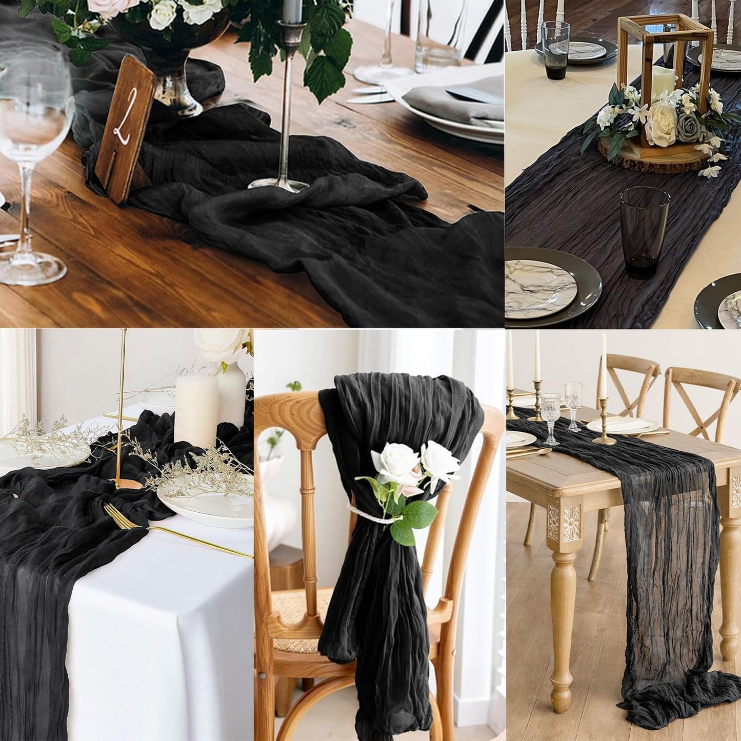 10FT 12 Pack Black Cheesecloth Table Runner 20 x 120 Inch Long Boho Fabric Rustic Cheese Cloth Table Runner for Wedding Bridal Shower Baby Shower Gauze Sheer Birthday Party Table Decorations
