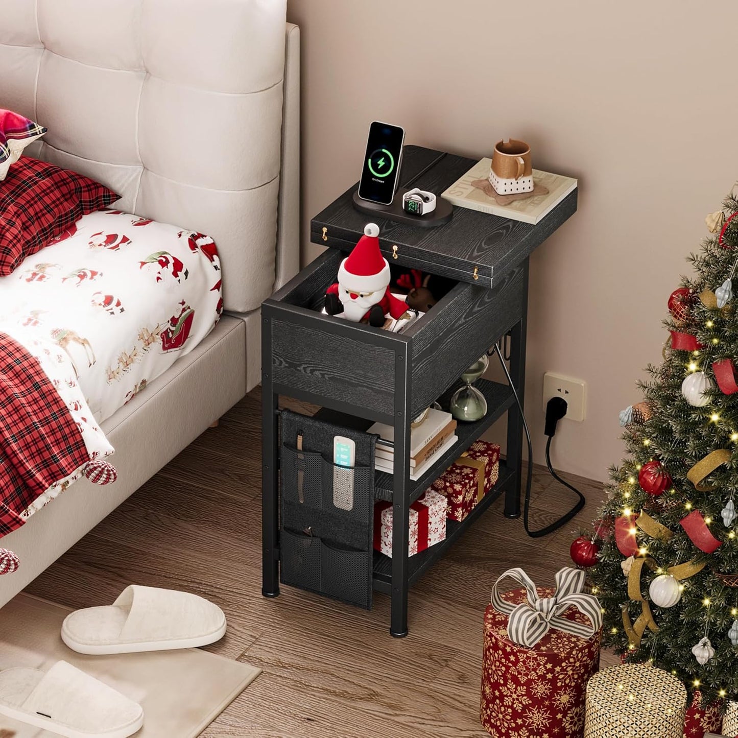 End Table with Charging Station, Flip Top Nightstand with USB Ports and Outlets,Couch Side Table with Fabric Bag and Hooks, Bedside Table for Space Saving, Living Room, Bedroom (Black)