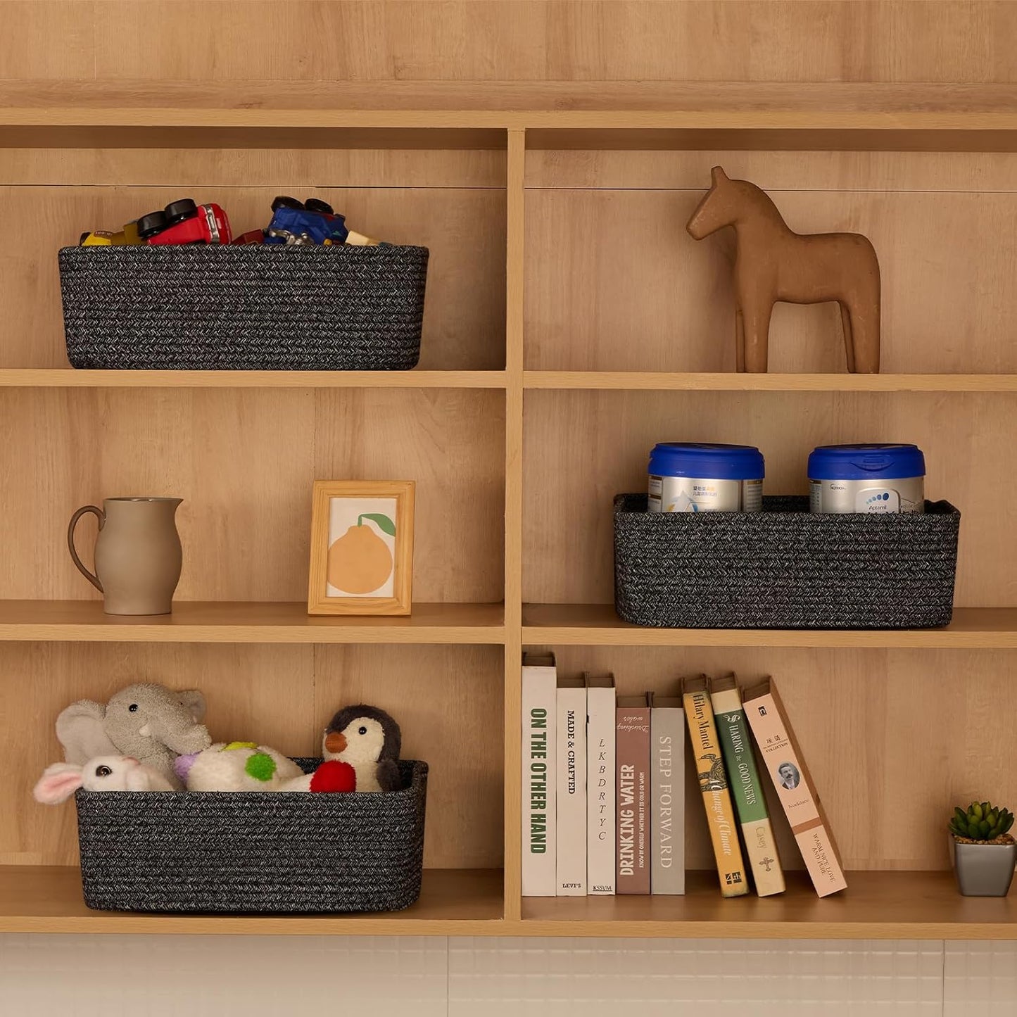 Large Shallow Organizing Baskets 15x11x5.1 Inches - Rope Woven Storage Bins for Bathroom, Shelves, Cube Closet, Mixed Black 2 Packs