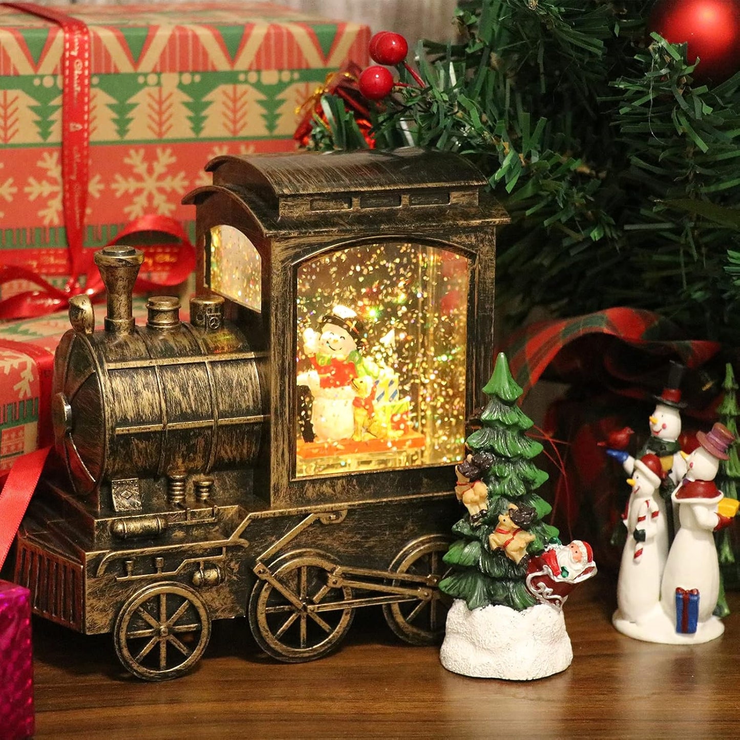 GenSwin Christmas Snow Globe Lantern Train Water Swirling Glitter with 6H Timer, Musical LED Lighted Battery Operated Snowman Scene for Christmas Home Decoration and Gift(Copper)