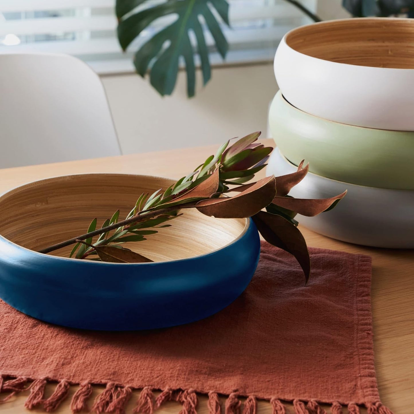 Fruit Bowl For Kitchen Counter, Decorative Bowl, Large Serving Bowl Or Fruit Basket For Kitchen Spun Bamboo (Blue)
