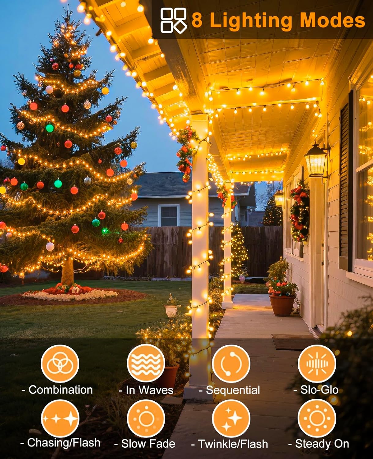 80FT 240 LED Christmas Tree Lights, Warm White Christmas String Lights 8 Modes, Waterproof Connectable Christmas Outdoor Decorations for Indoor Patio Garden Party Decorations, Warm White