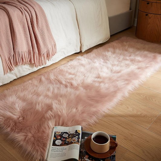 AMTOVO Faux Fur Rug, Pink Ultra Soft Fluffy Shag Sheepskin Rug, 2 x 6 ft Runner Area Rugs for Bedroom Sofa Throw Cushion Room Decor, Rectangle