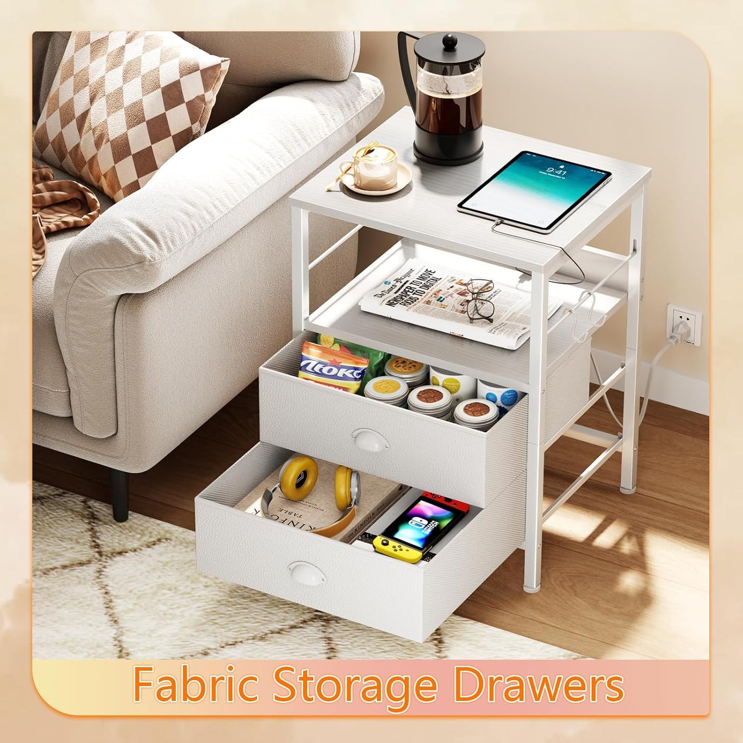 Furologee Night Stand with Charging Station, Bedside Table with Fabric Drawers, End Table with USB Ports & Outlets, White Nightstand with Storage Shelf & Hooks, for Living Room/Bedroom, White