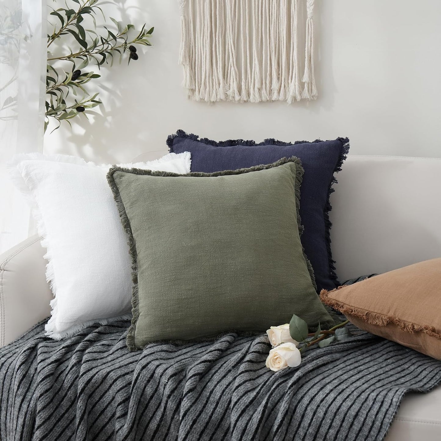 Foindtower Set of 2 Decorative Linen Fringe Throw Pillow Covers Cozy Farmhouse Boho Cushion Cover with Tassels Soft Accent Pillowcase for Couch Sofa Bed Living Room Home Decor 20×20 Inch Olive Green