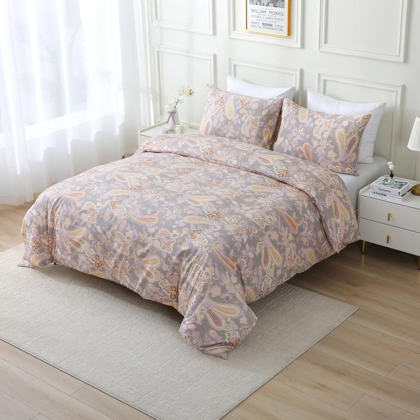 ABREEZE Paisley Bedding Sets 3Pcs Brushed Cotton Duvet Cover Set King Size Rustic Damask Gold Floral Comforter Cover with Zipper Closure Boho Bedding Collections