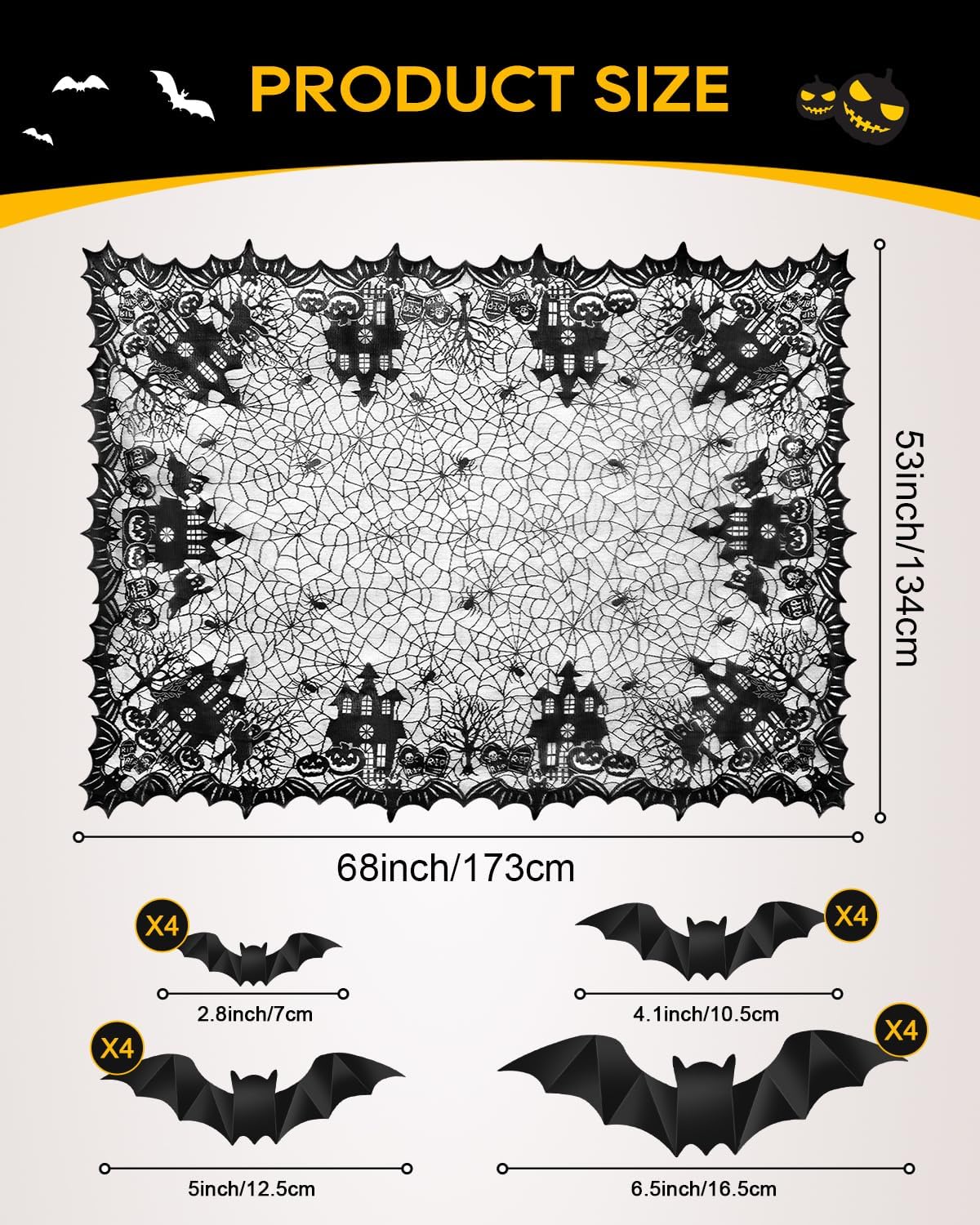 eZAKKA Halloween Table Cloth with 16 Pcs Bats Wall Decor, Spider Web Table Cloth Black Tablecloth Lace Fabric Table Cloths for Rectangle for Parties Gothic Spooky Home Decorations, 53x68 Inch