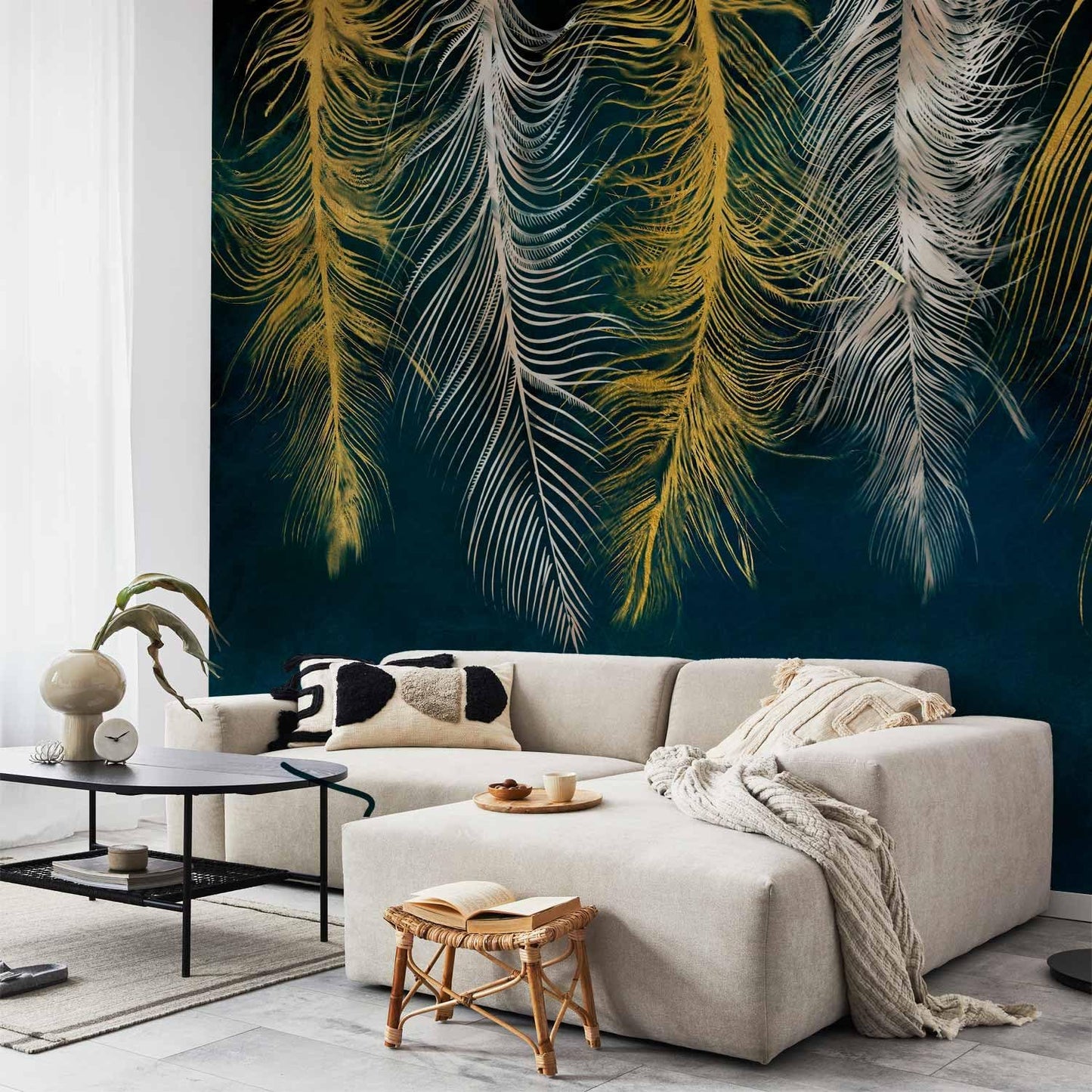 artgeist Premium Wall Mural Feather 138x101 in - Non-Woven Wallpaper Fleece Wall Decor Photo Print Picture Image Design Landscape Abstract Beige Navy Blue b-A-0812-a-a