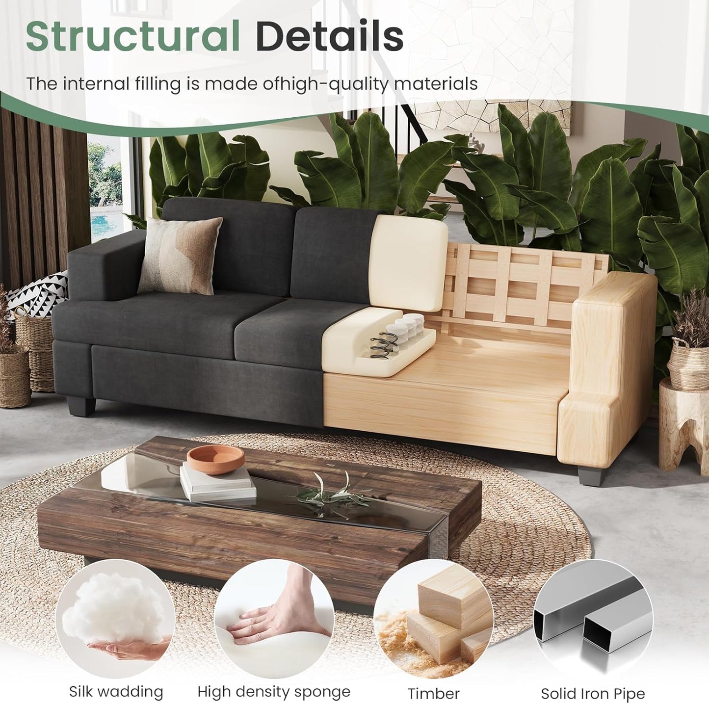 2 Piece Set Comfy Sofa Couch, 2 3-Seater Sofa with Deep Seats, Modern Sleeper Couch for Living Room, Dark Grey Chenille