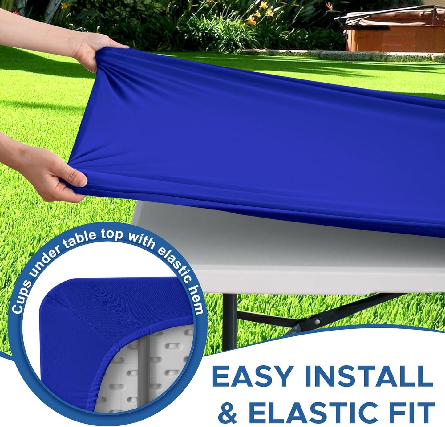 Fitted Tablecloth for 8 Foot Rectangle-6 Pack Royal Blue Elastic Outdoor Picnic Table Cover-Spandex Stretch Folding Table Cloths 8ft for Camping Dining Room Patio Kitchen Banquet Party