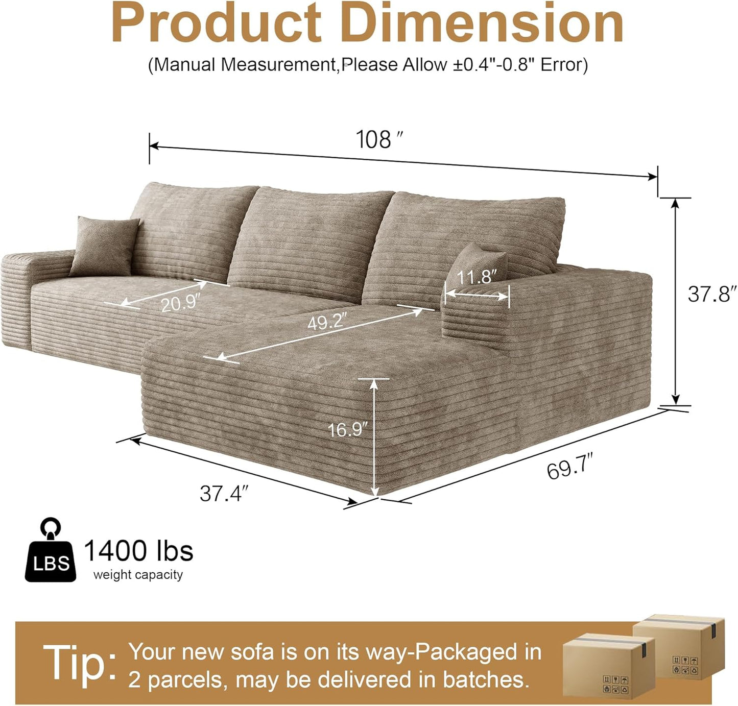 108" Sectional Couches for Living Room Modern Modular Sofa with L-Shape Couchs Upholstered Boneless Couch Deep Seat Sectional Couch with Chaise (Camel, Right Facing Chaise+2Seaters)