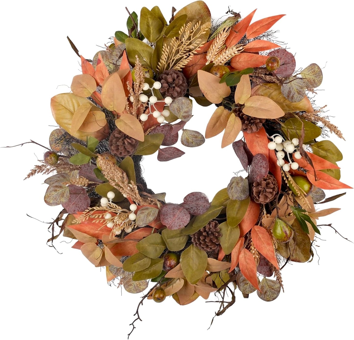 24" Fall Wreath for Front Door Handmade with Artificial Autumn Leaves, Natural Pinecones, Faux Berries and Wheat, Autumn Harvest Wreath Decoration for Home Farmhouse Door Wall Window Porch