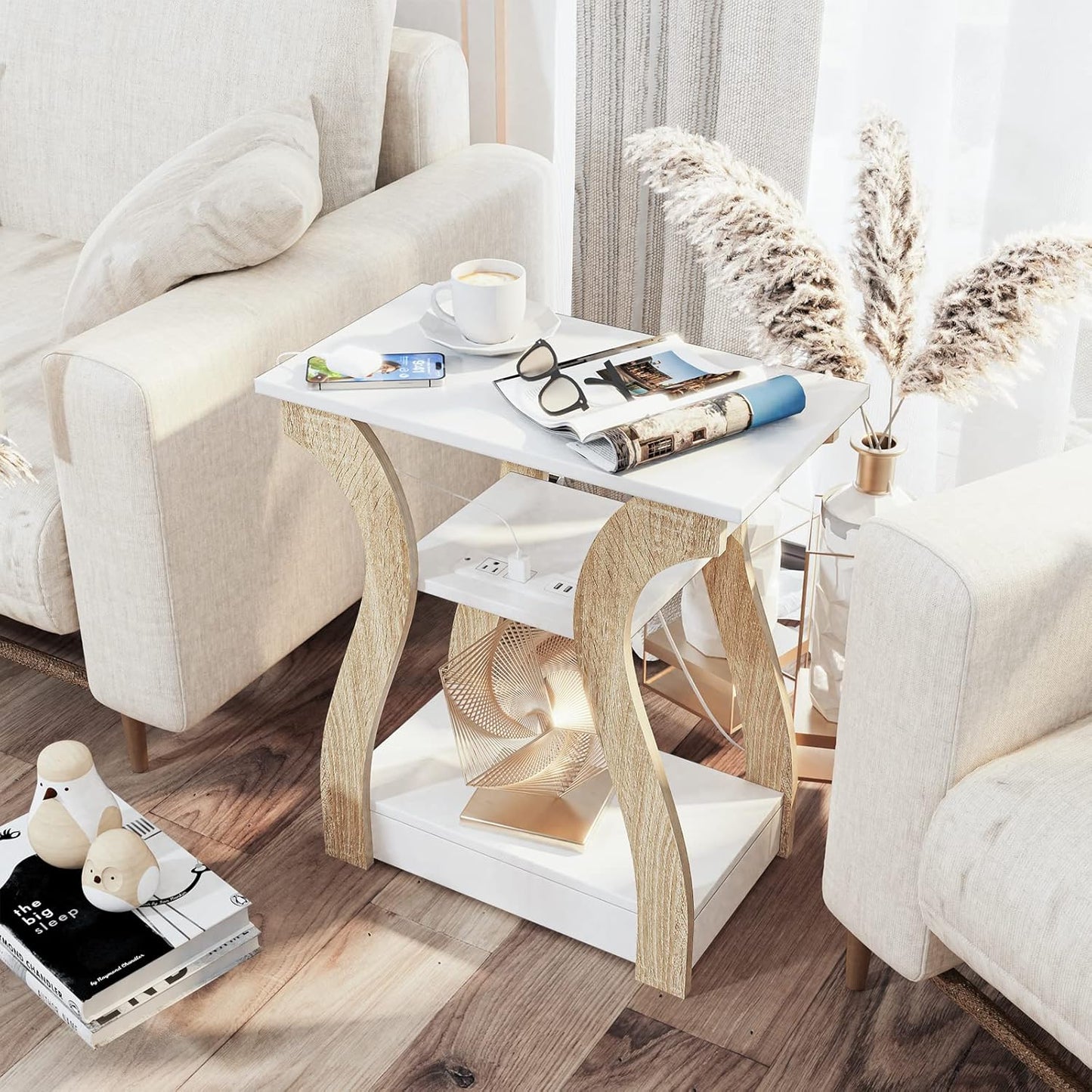 End Table with Charging Station, Side Table with USB Ports and Outlets, Nightstand, 3 Tier End Table with Storage Shelf for Living Room, Bedroom (White)