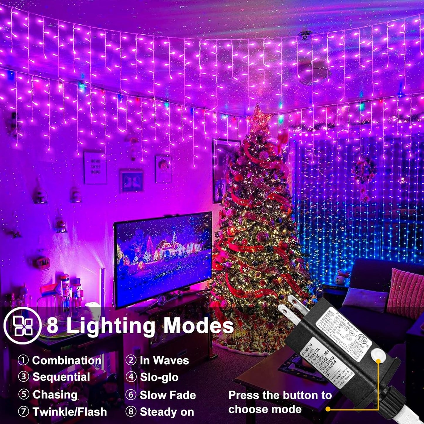 33ft Purple Halloween Lights Outdoor, 400 LED Icicle Lights for Outside Indoor Twinkle Christmas Light with Connectable Clear Wire 8 Modes Timer Waterproof for House Party Tree Holiday Yard Decoration