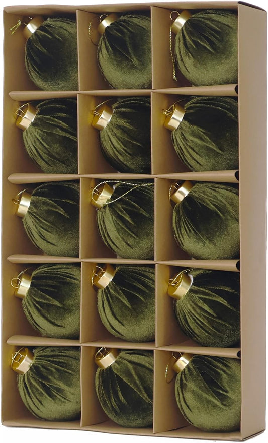 3.15inch Green Velvet Ornaments for Christmas Tree, 15pcs Flocked Christmas Ornaments Decorations Balls Set Decor
