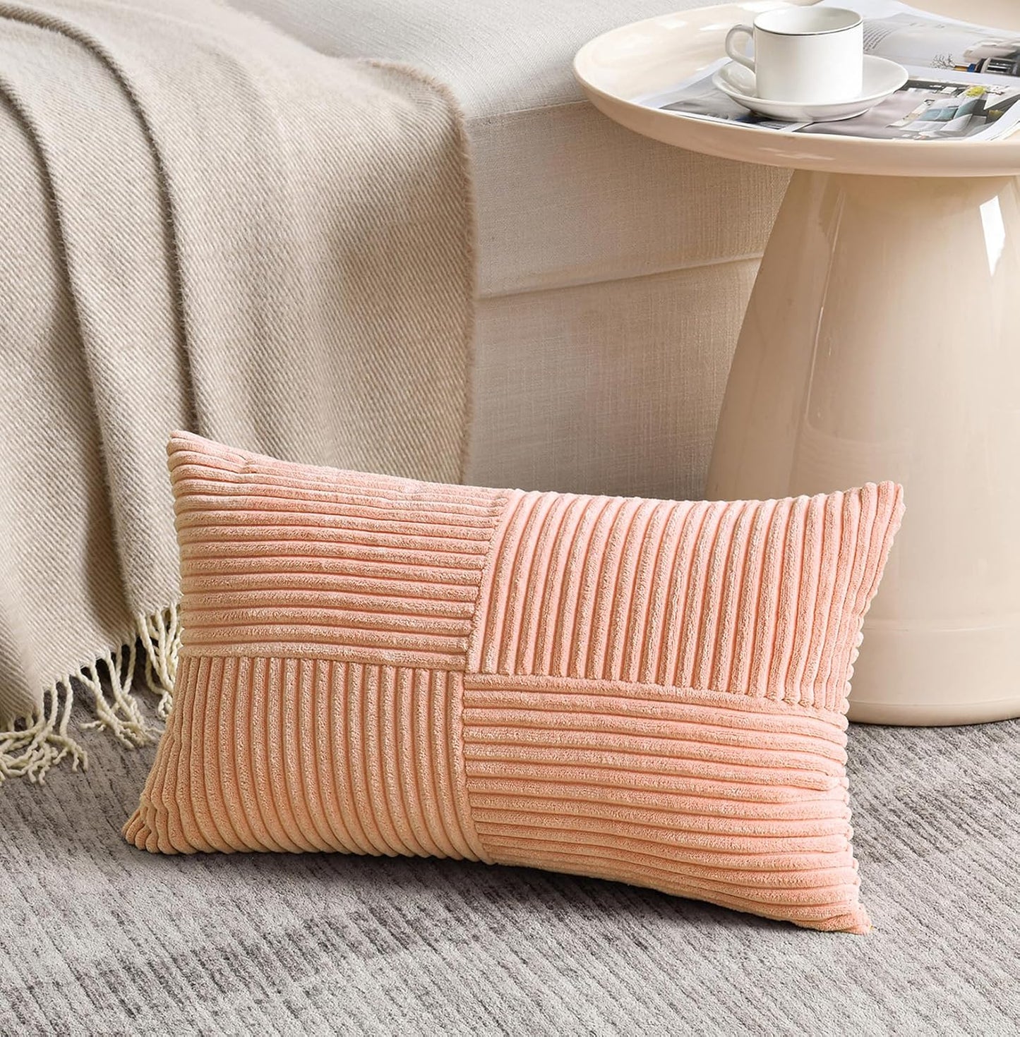 Fancy Homi 2 Packs Peach Long Lumbar Decorative Throw Pillow Covers 12x24 Inch for Couch Bed Sofa, Rustic Farmhouse Boho Home Decor, Soft Striped Corduroy Rectangle Accent Cushion Case 30x60 cm