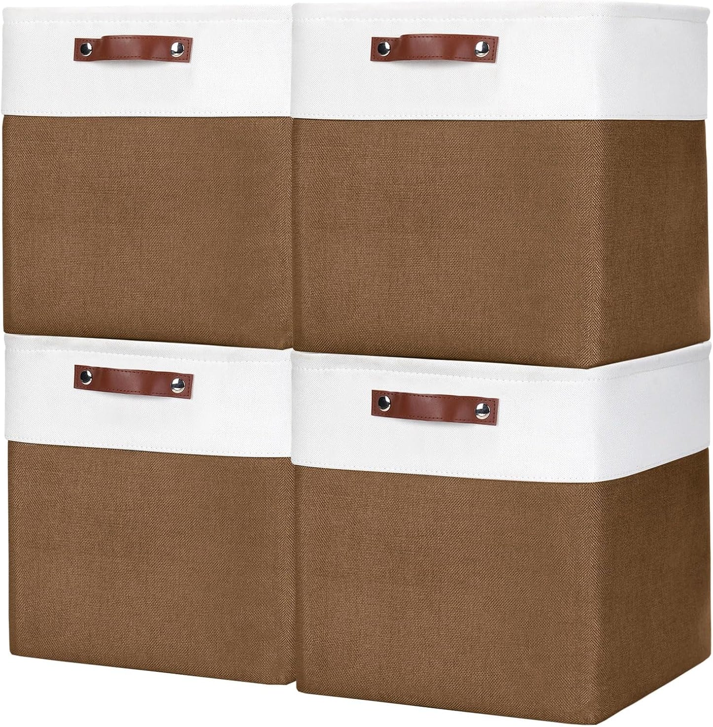 13x13 Cube Storage Bins, Collapsible Fabric Storage Box, 4 Pack Closet Baskets with Handles for Organizing, Shelf, Toys, Clothes, Home, Office, Nursery (Brown&White)