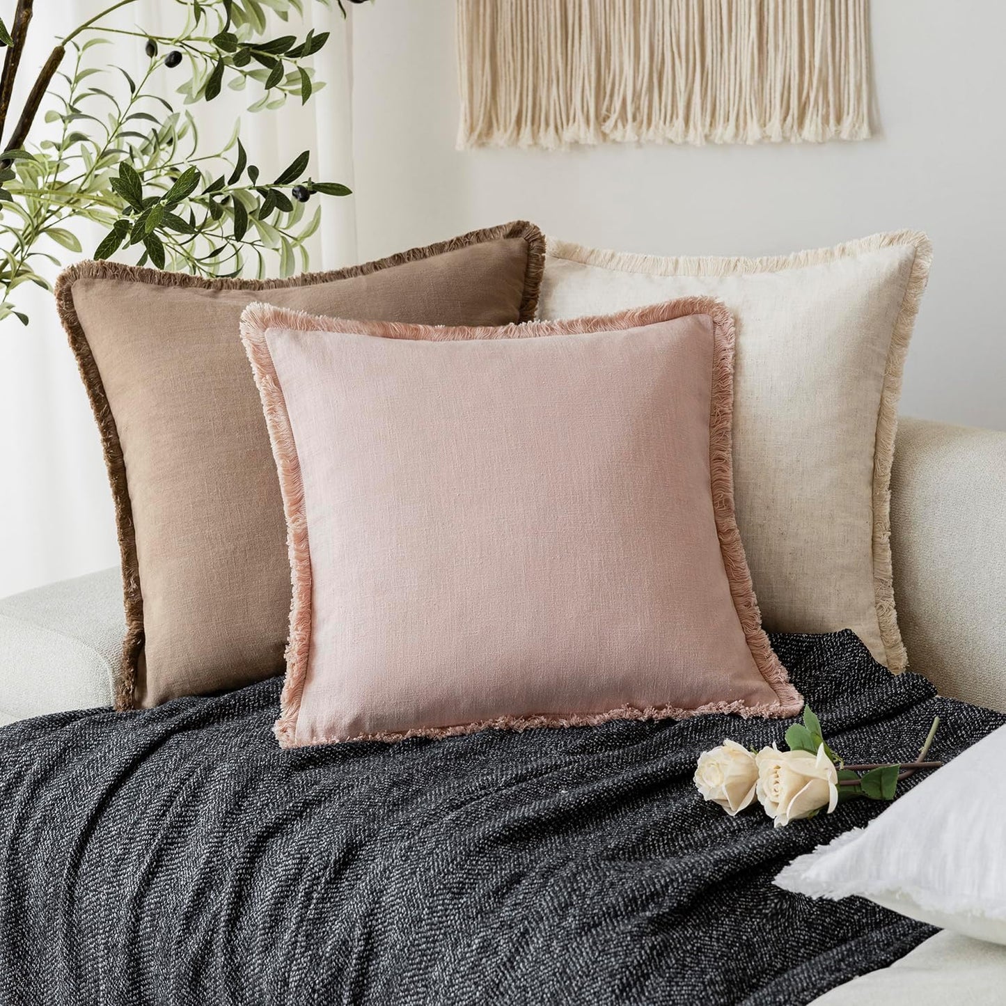 Foindtower Set of 2 Decorative Linen Fringe Throw Pillow Covers Cozy Boho Farmhouse Cushion Cover with Tassels Soft Accent Pillowcase for Couch Sofa Bed Living Room Home Decor,26×26 Inch,Light Pink