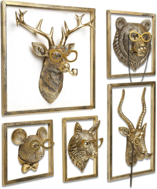 Animal Heads Wall Decor (5pcs, Includes Metal Frame) Resin Animals Sculptures Head Wall Hanging Decoration Gold vintage Wall Sculpture for Living Room Bedroom Office