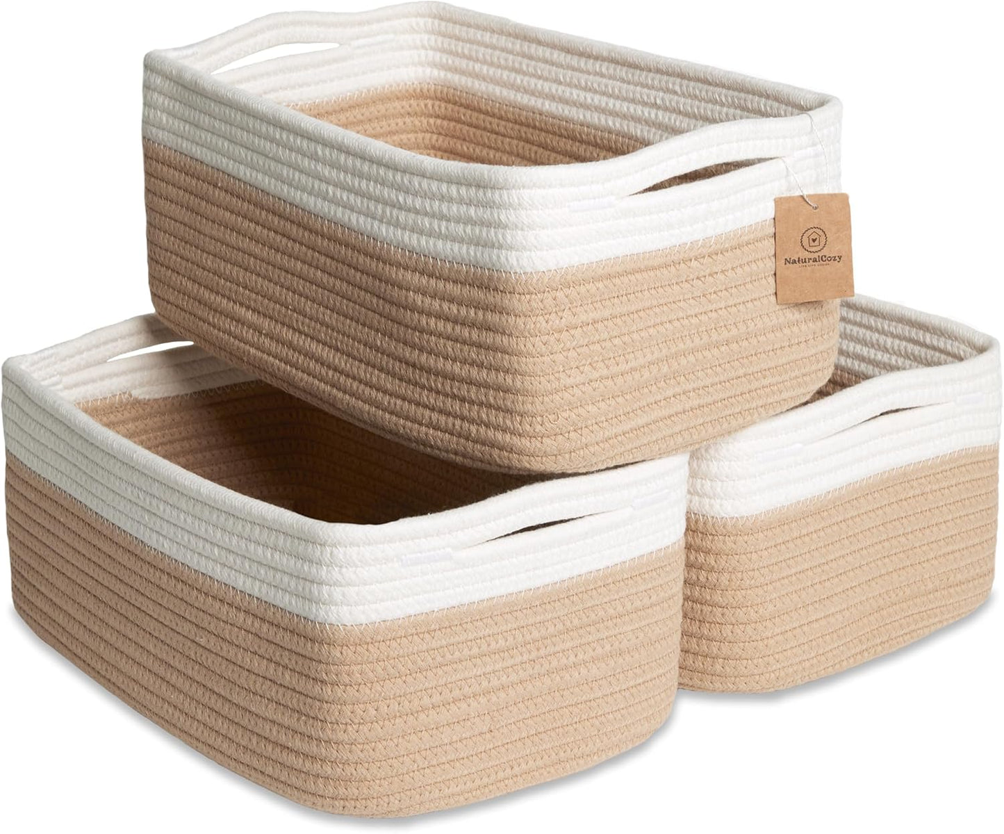NaturalCozy 13.5”x8.5”x5.5” Storage Baskets for Shelves 3 Pack | Cotton Rope Woven Small Baskets for Organizing | Small Storage Bins for Nursery, Bathroom, Closet, Cube Shelf, Decorative, Gift