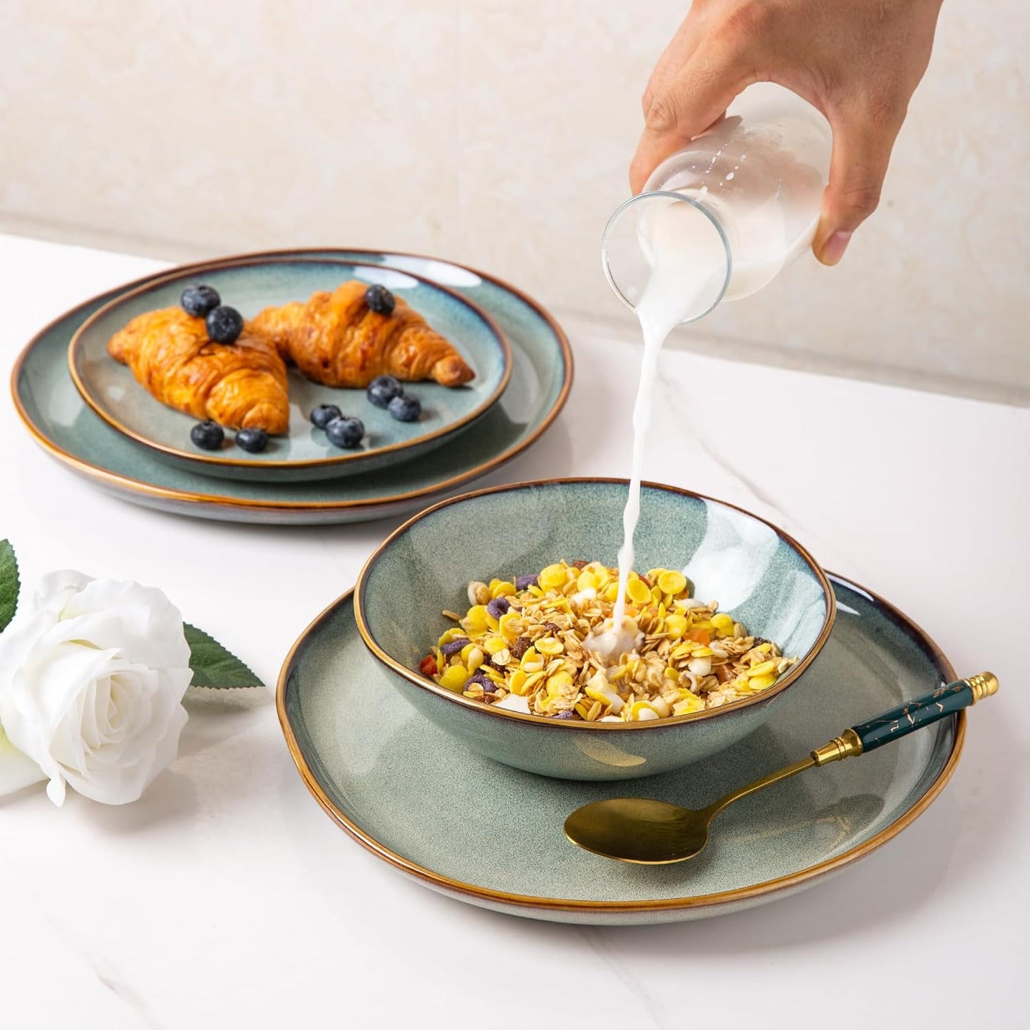 AmorArc Ceramic Dinnerware Sets,Handmade Reactive Glaze Stoneware Plates and Bowls Sets,Highly Scratch Resistant | Dishwasher & Microwave Safe Dishes Set,Service for 6 (18pc)