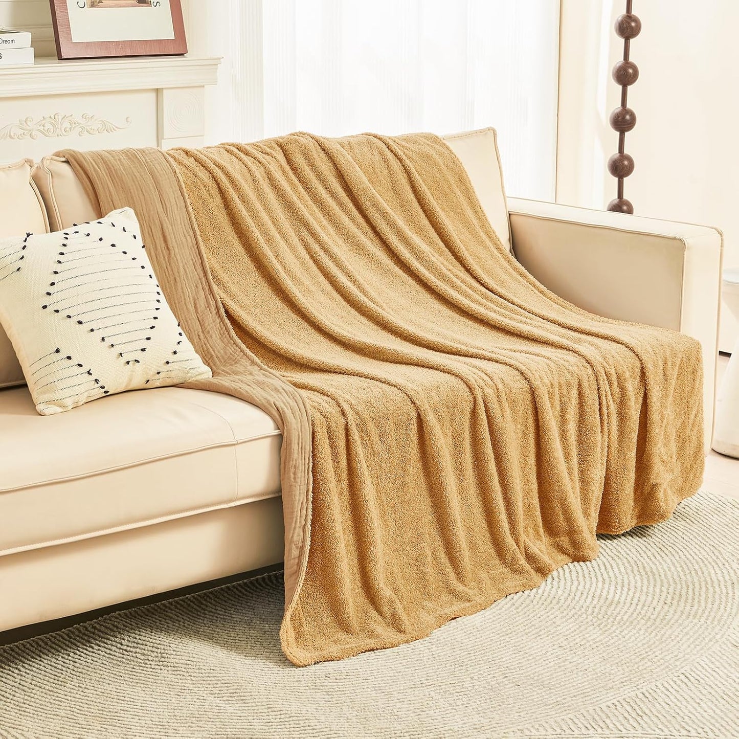 EMME Muslin and Fleece Twin Blanket Reversible - 60"*80" Beige Soft Warm Throw Blankets for Couch Bed Picnic Travel Bed