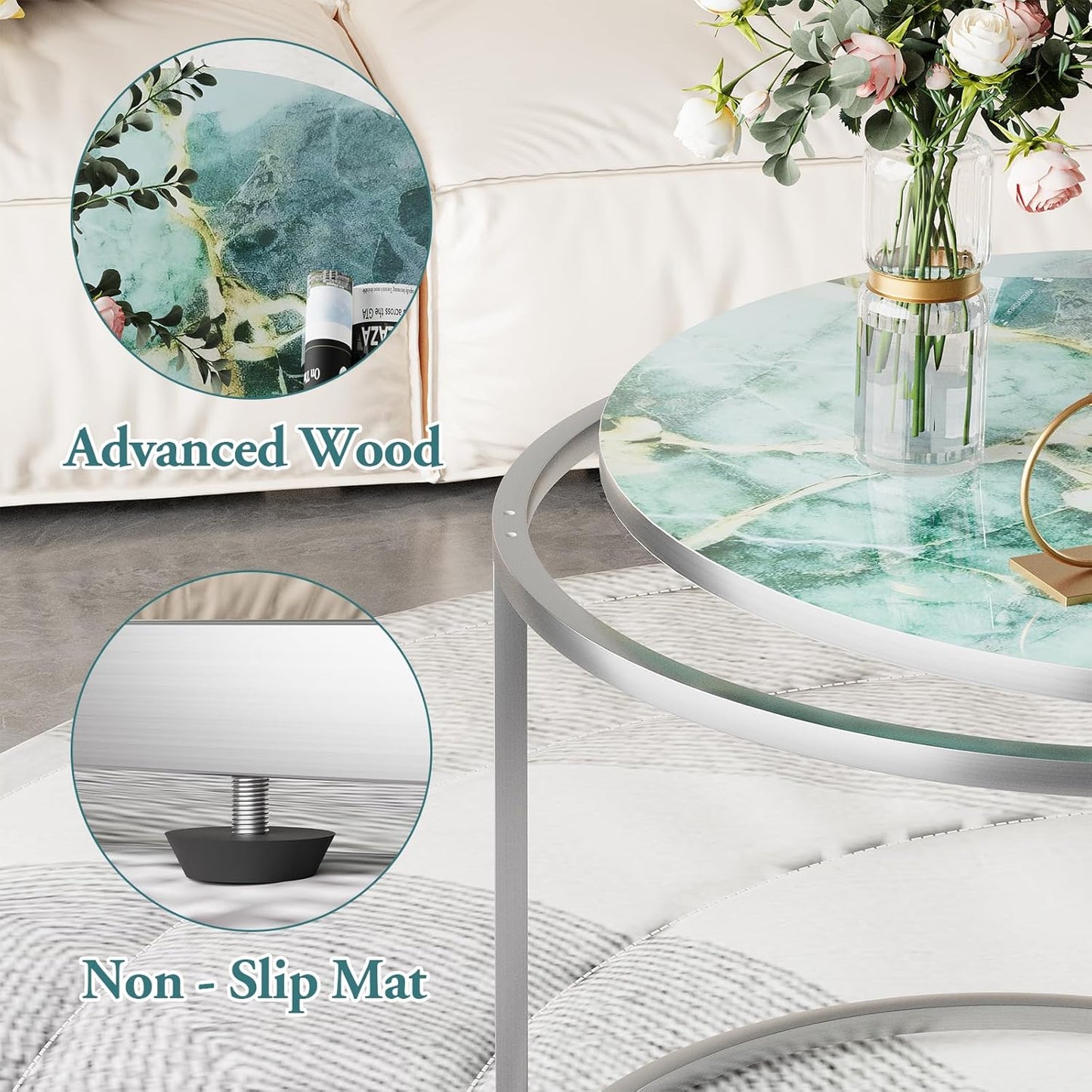 aboxoo Coffee Table Nesting Side Round Set of 2 End Table Green Art Table Top Sturdy Metal Frame Desk Centerpiece Living Room Bedroom Apartment Modern Industrial Simple Nightstand