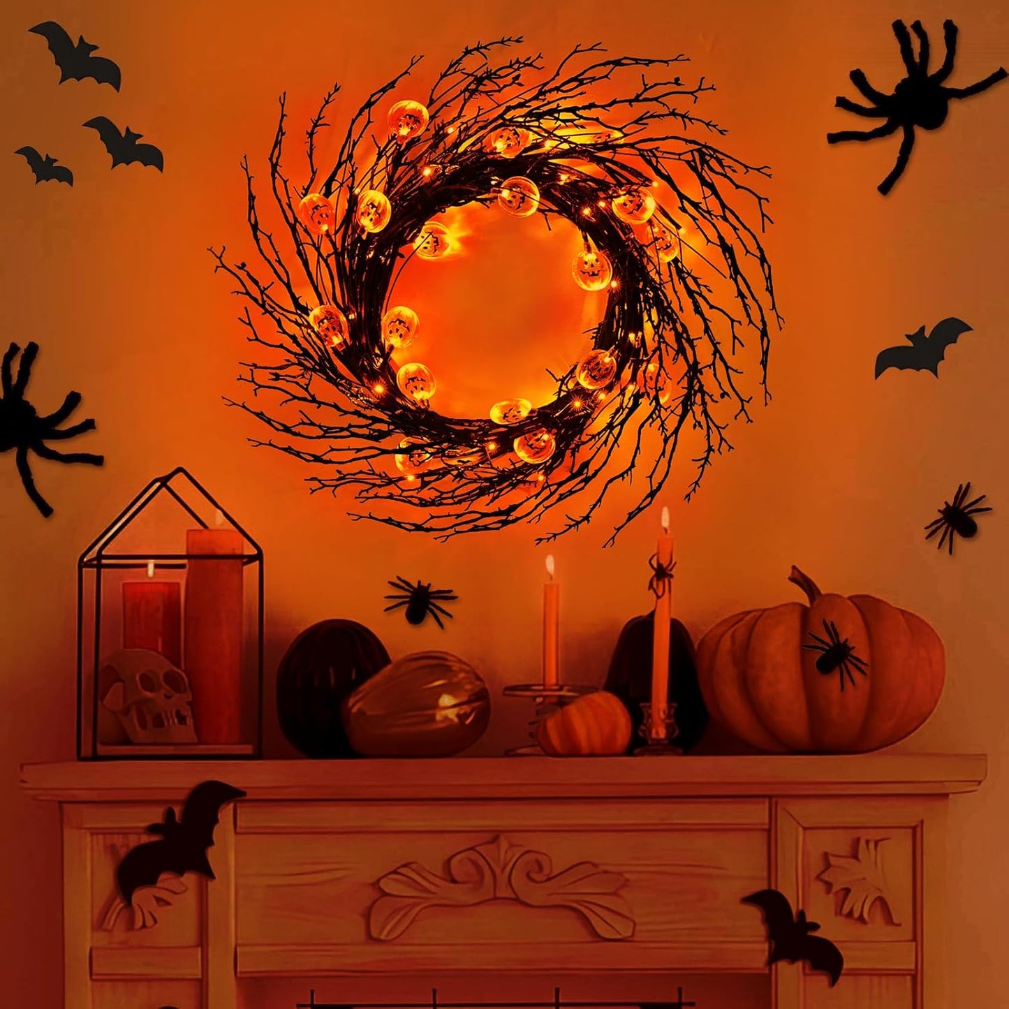 7 Ft 63 LED Halloween Decorations Willow Vine Twig Garland with 8 Modes Timer 21 Pumpkin Orange Lights, Halloween Garland with Waterproof Battery Operated for Indoor Wall Fireplace Decorations