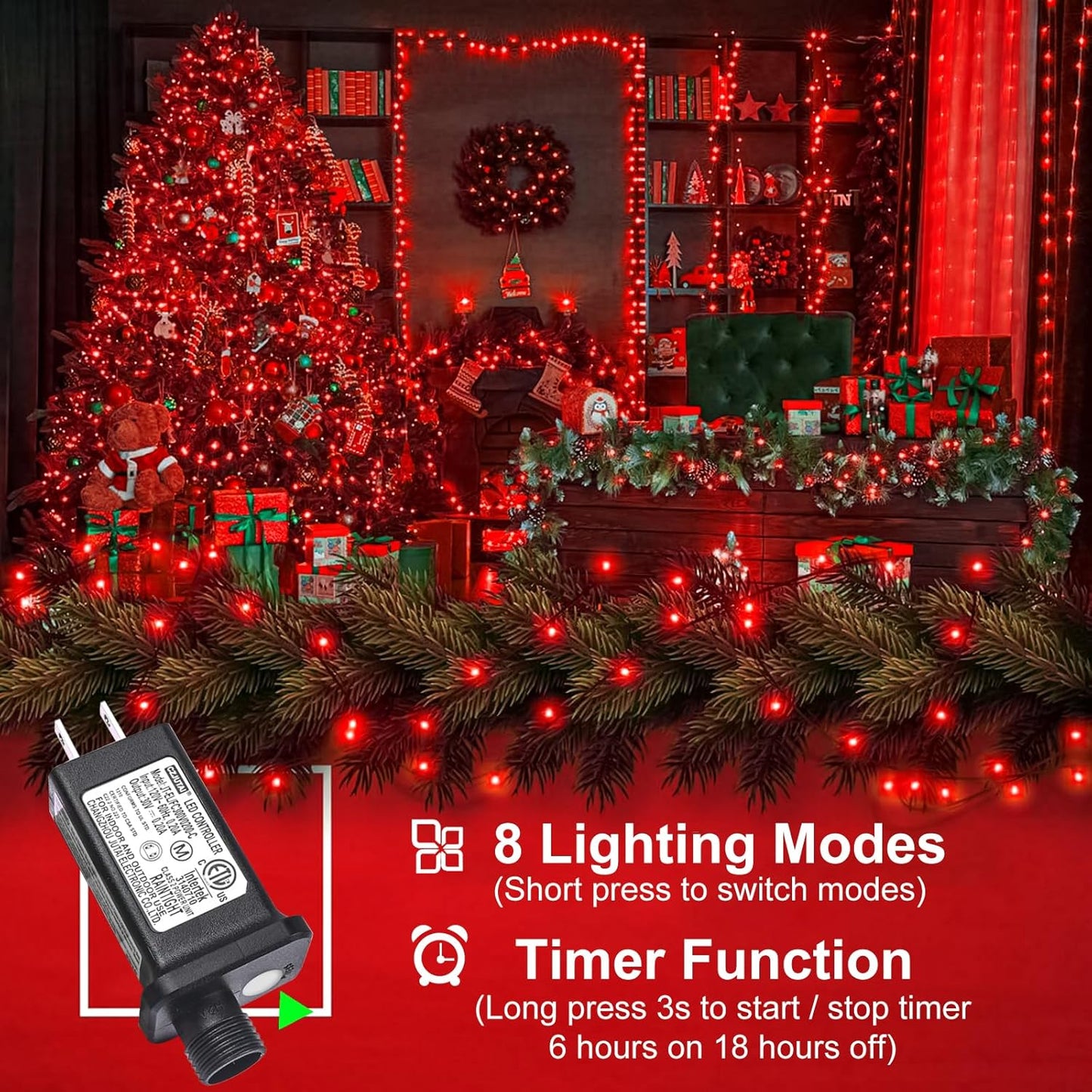 262FT 800 LED Christmas Lights, Plug in Christmas Tree Lights Outdoor with Timer and 8 Modes, Green Wire Waterproof String Light for Indoor House Yard Patio Wedding Decorations, Red