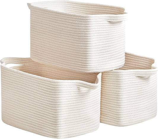 3 Packs Cotton Rope Woven Basket With Handles for Shelves -15"*10.2"*9.1"(White)