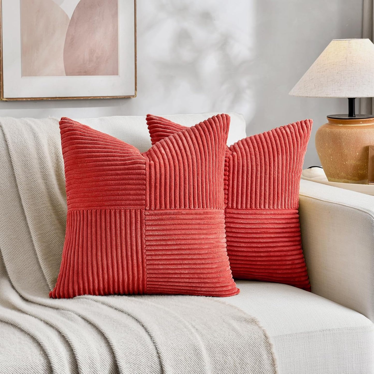 Fancy Homi 2 Packs Red Euro Decorative Throw Pillow Covers 26x26 Inch for Couch Bed Sofa, Holiday Christmas Home Decor Gift, Soft Corss Corduroy Patchwork Textured Square Cushion Case 66x66 cm