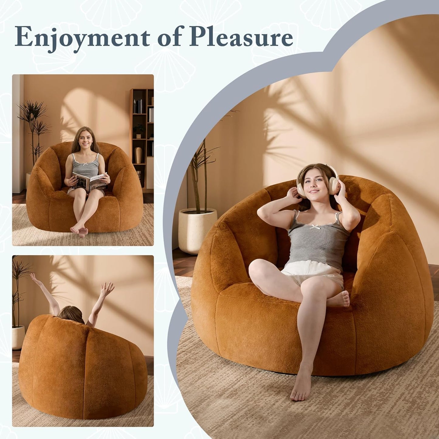 Giant Bean Bag Chair for Adults - Comfy Plush Round Shell Soft Reading Chair, Oversized Cozy Lounge Floor Sofa Accent Chair, Mini Couch for Living Room, Bedroom & Game Rooms, Orange