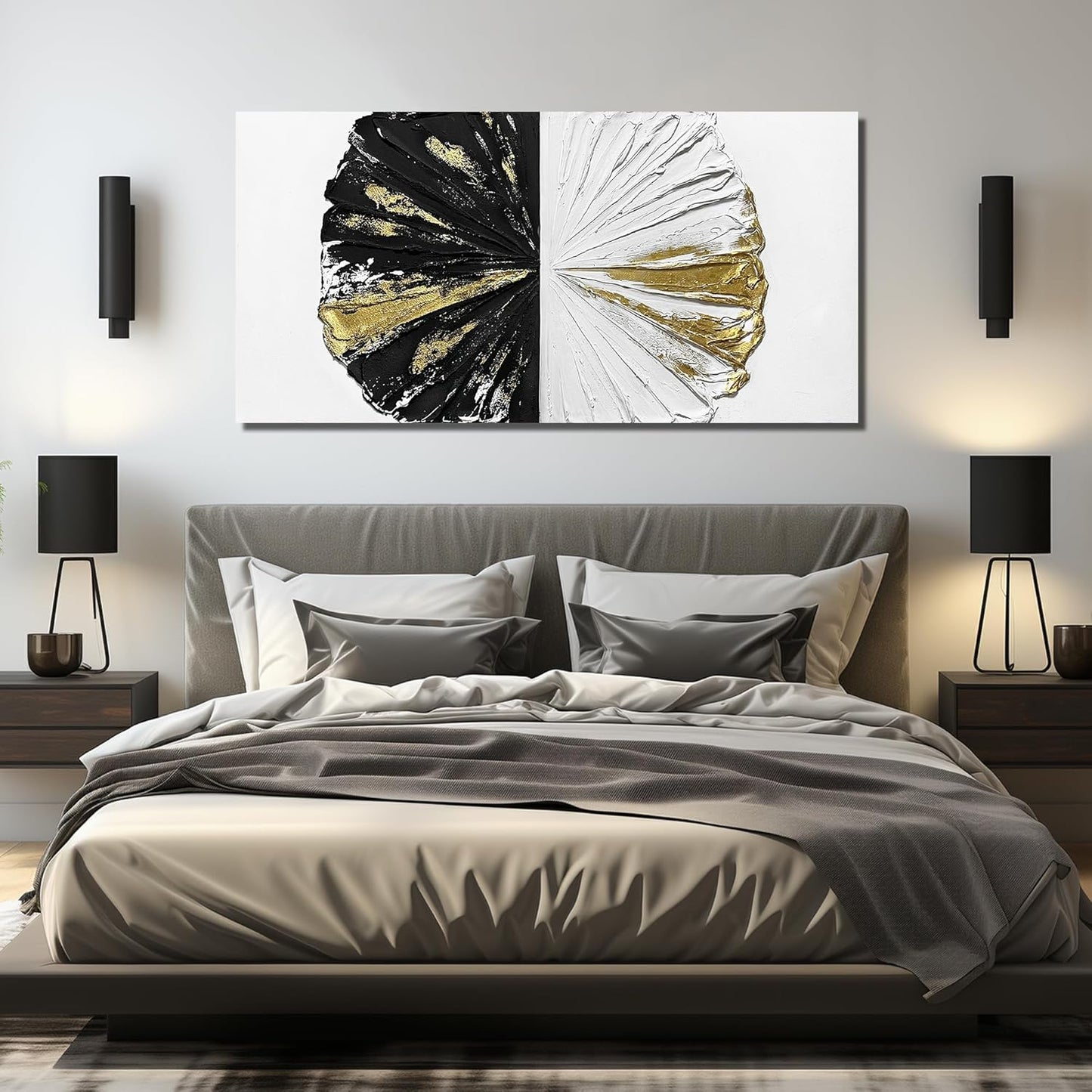 Abstract Circles Wall Decorations for Office Black White Gold Oil Painting Wall Art for Bedroom Large Pictures for Living Room Size 29 x 58 Inch