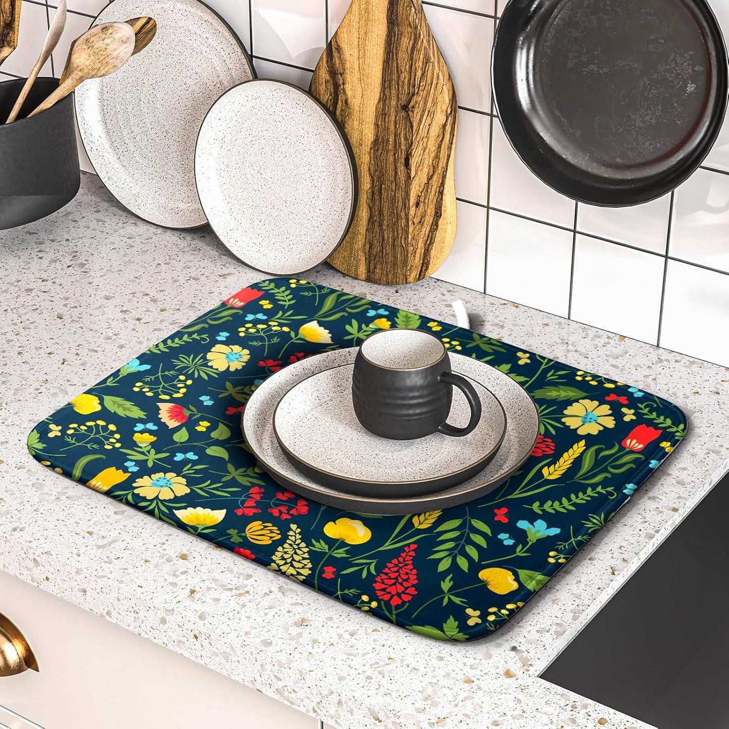 Floral Dish Drying Mat for Kitchen Counter Cute FLowers Seasonal Absorbent Reversible Microfiber Kitchen Countertop Protector Dishes Pad Small 16x18 inch