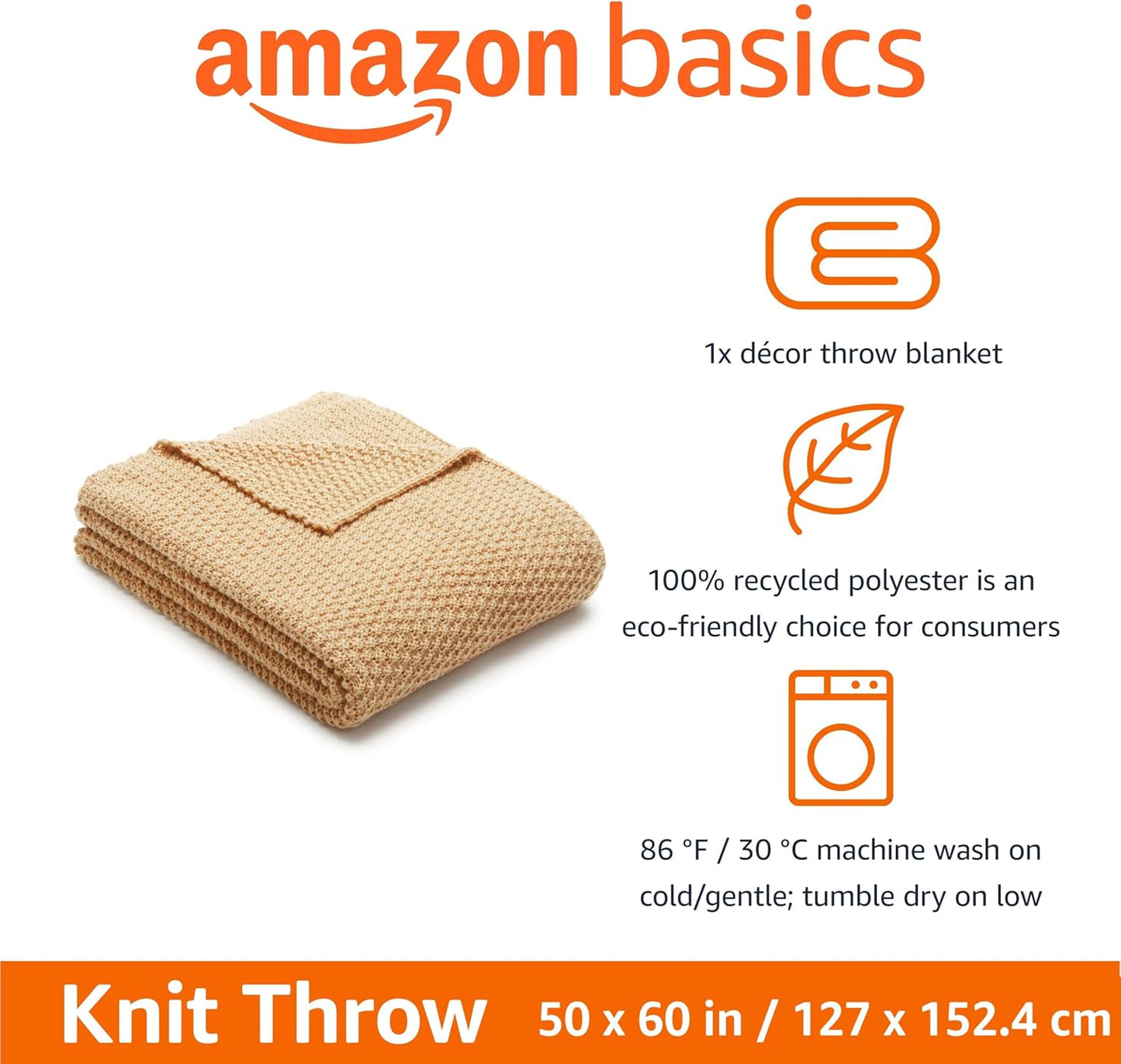 Amazon Basics Chunky Cable Knit Throw Blanket for Couch, Sofa, Bed, Lightweight Soft Cozy, Sand, 50"x 60"