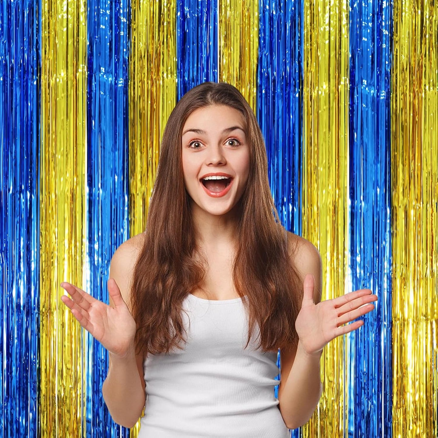 3 Pack 3.3 x 8.2 ft Blue Gold Foil Fringe Backdrop Curtains, Tinsel Streamers Party Decorations, Fringe Backdrop, Door Shimmer for Father's Day Graduation or Birthday Party