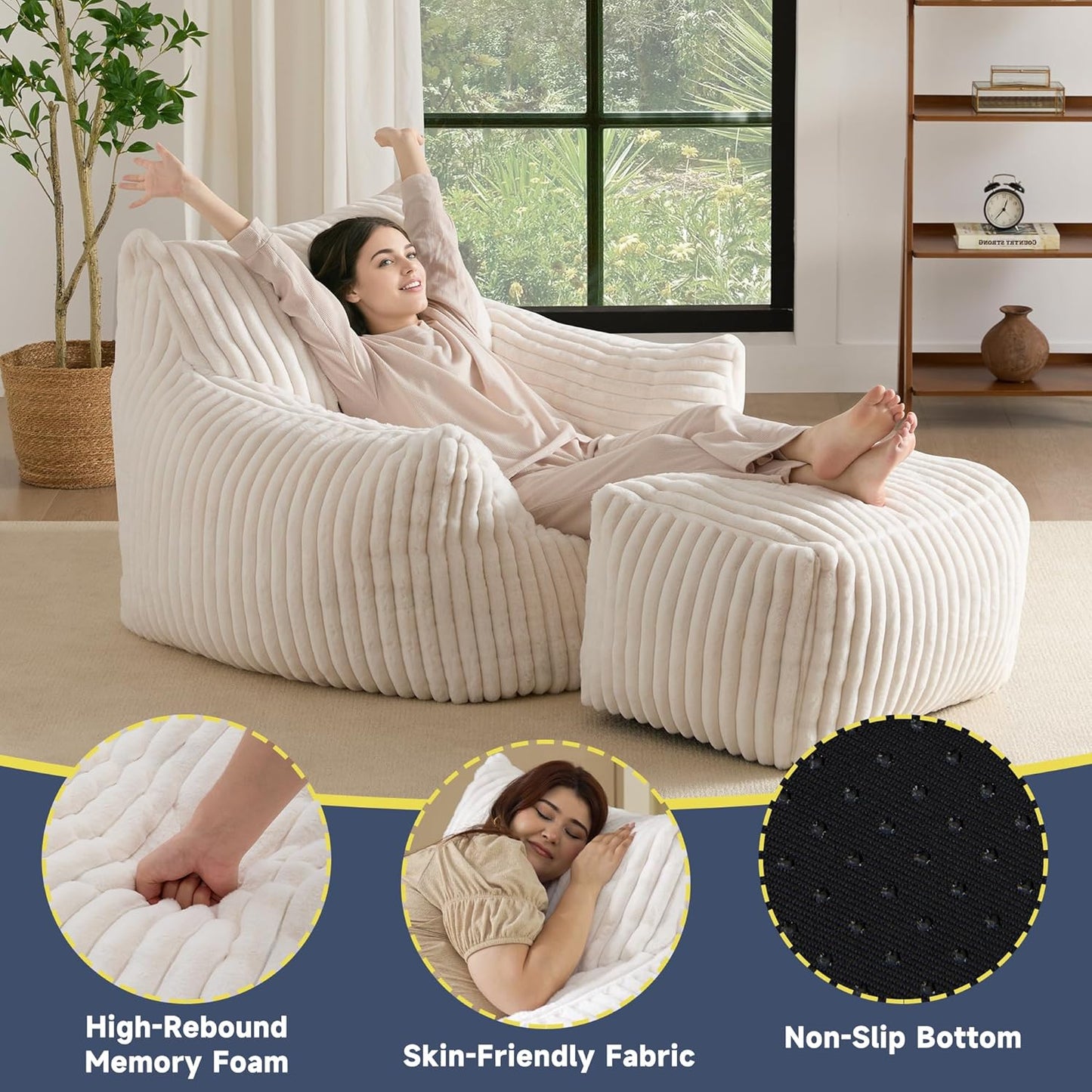 Giant Bean Bag Chairs for Adults, Oversized Chaise Lounge Chair Indoor with Memory Foam - Plush Boneless Lounger & Ottoman for Bedroom, Living Room, Gaming & Reading, Lazy Floor Sofa Chair, Beige