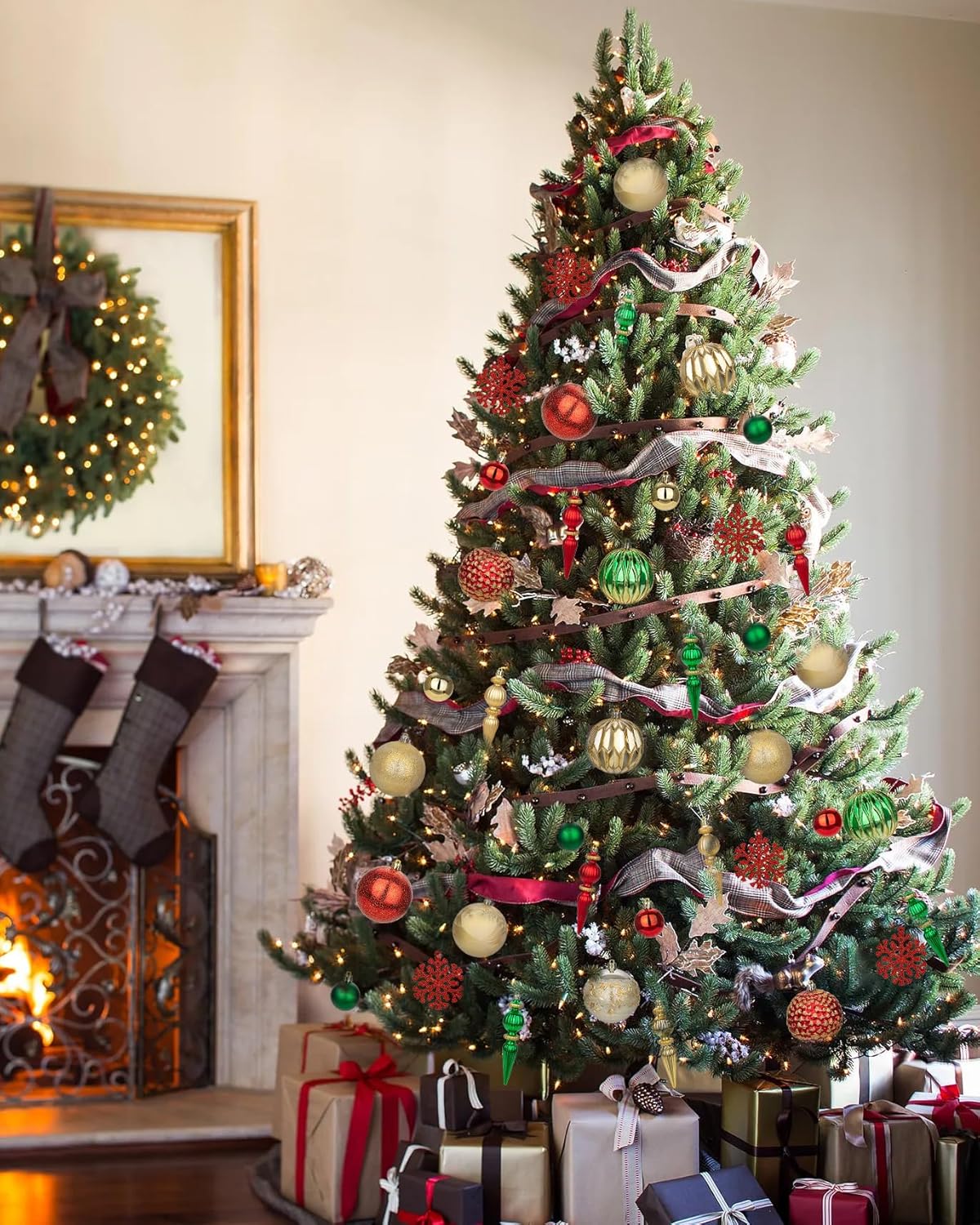 92ct Christmas Tree Decoration Set - Shatterproof Christmas Baubles with Strings for Wreath, Garland & Party Decoration, Red-Green