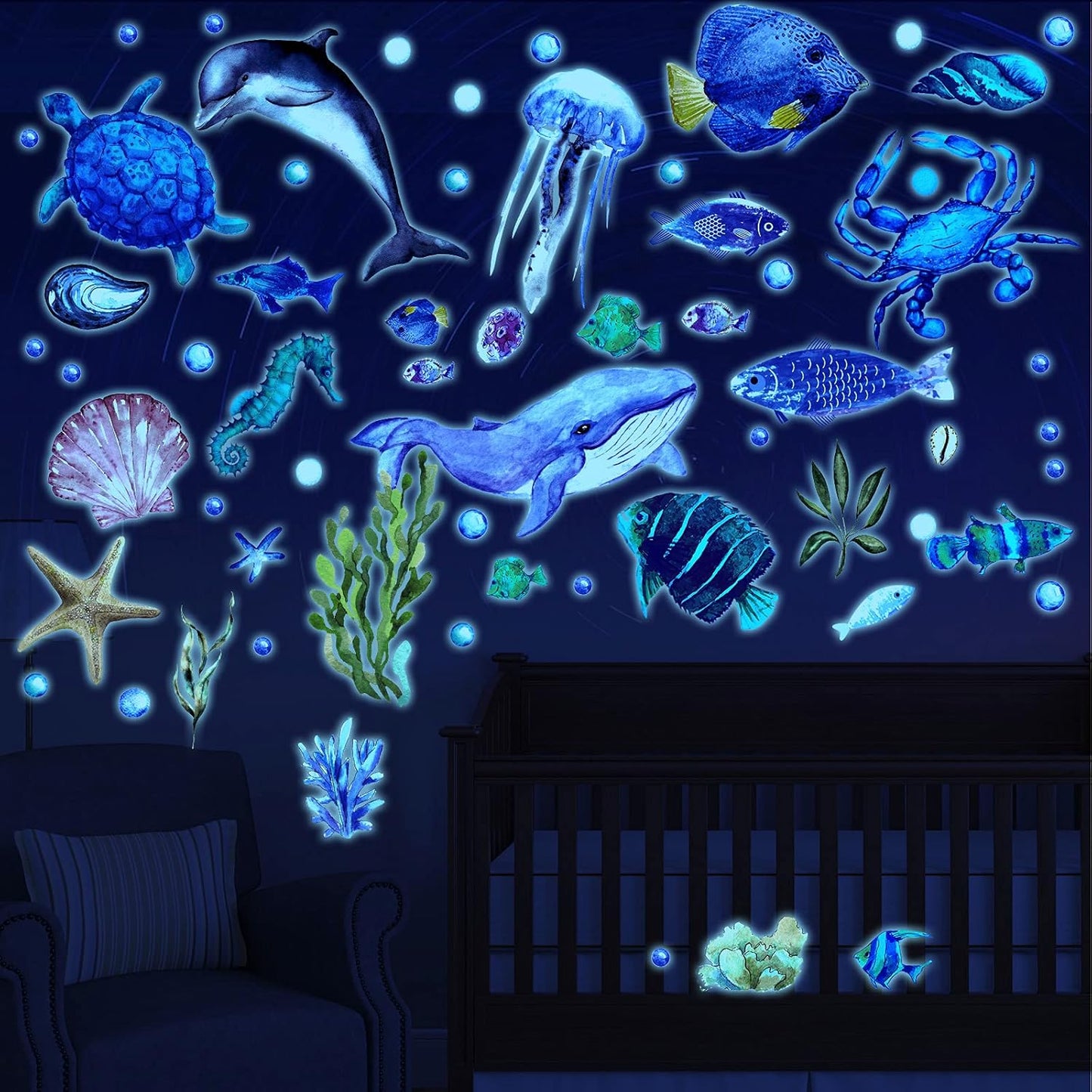 52 Pcs Ocean Fish Wall Decals Glow in The Dark Under The Sea Wall Decals Sea Animals Stickers Removable Waterproof Peel and Stick for Kids Bathroom Watercolor Ocean Decor(Cute Style)