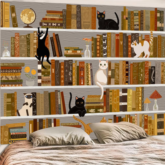 Accnicc Cat Bookshelf Tapestry Extra Large Black White Cute Cats Book Shelf Tapestries Wall Hanging Art Vintage Retro Academics Library Tapestry for Bedroom Living Room Dorm 90 x 68 inch