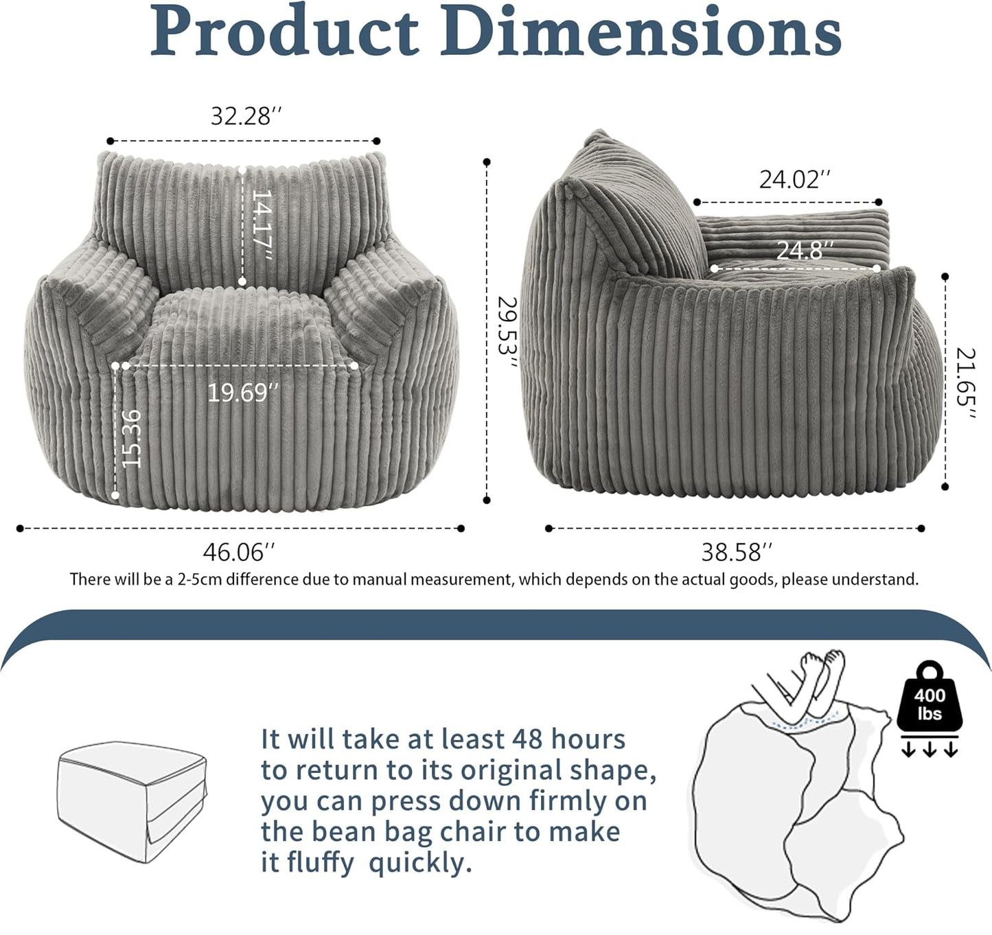 Giant Plush Bean Bag Chair for Adults with Armrests - Oversized Comfy Light Grey Beanbag Lounge Lazy Floor Sofa Accent Chair for Living Room, Bedroom & Dorm, Cozy Fluffy Single Cloud Mini Couch