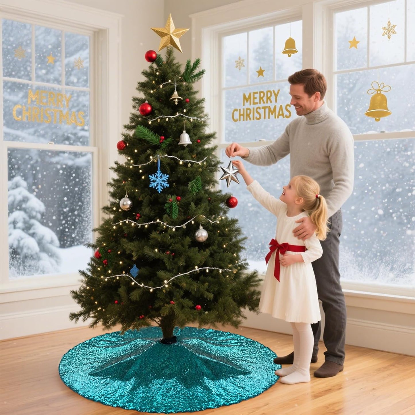 Eternal Beauty Christmas Tree Skirt, 36 Inch Teal Sequin Tree Skirt Small Xmas Tree Skirt for Christmas Tree Decorations