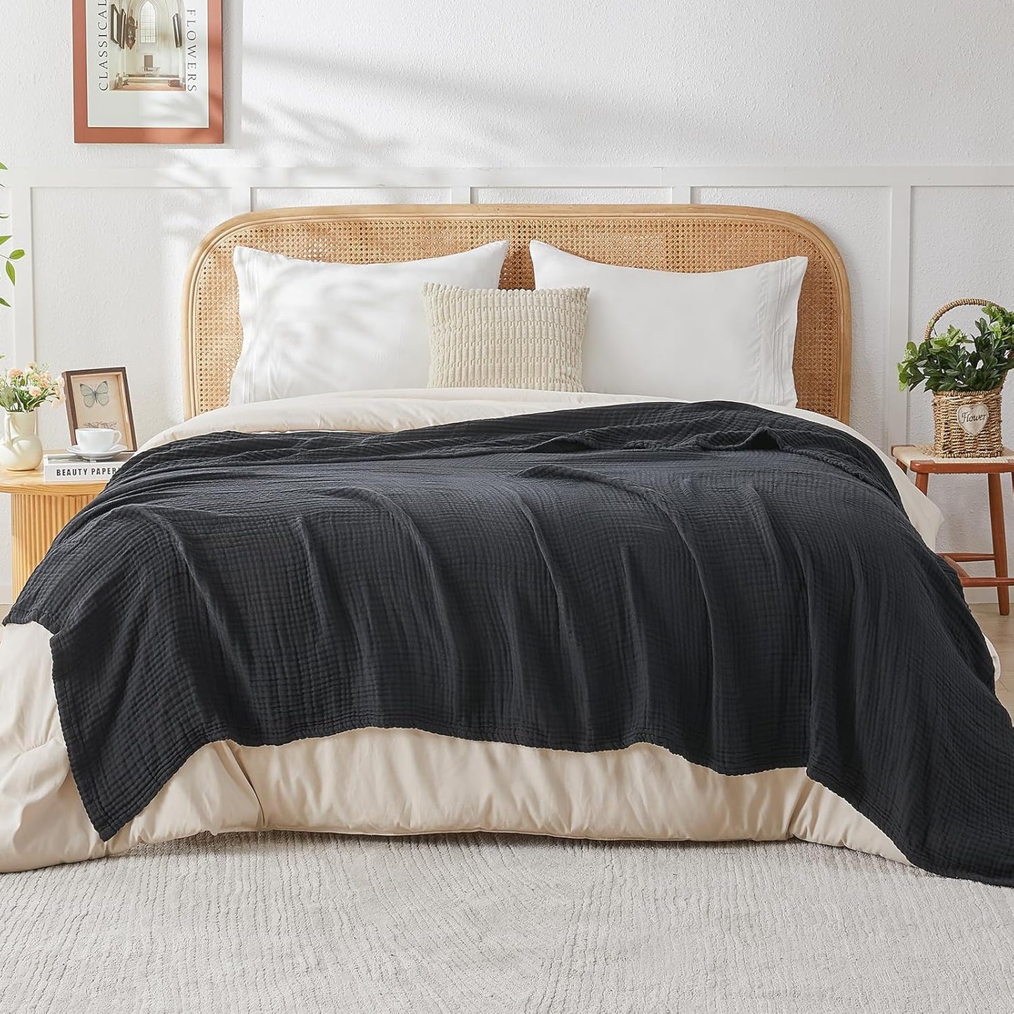 EMME Cotton Muslin King Blanket Bed Layering Breathable Gauze Blanket Soft Lightweight Blankets Adults (Black, 108"x90")