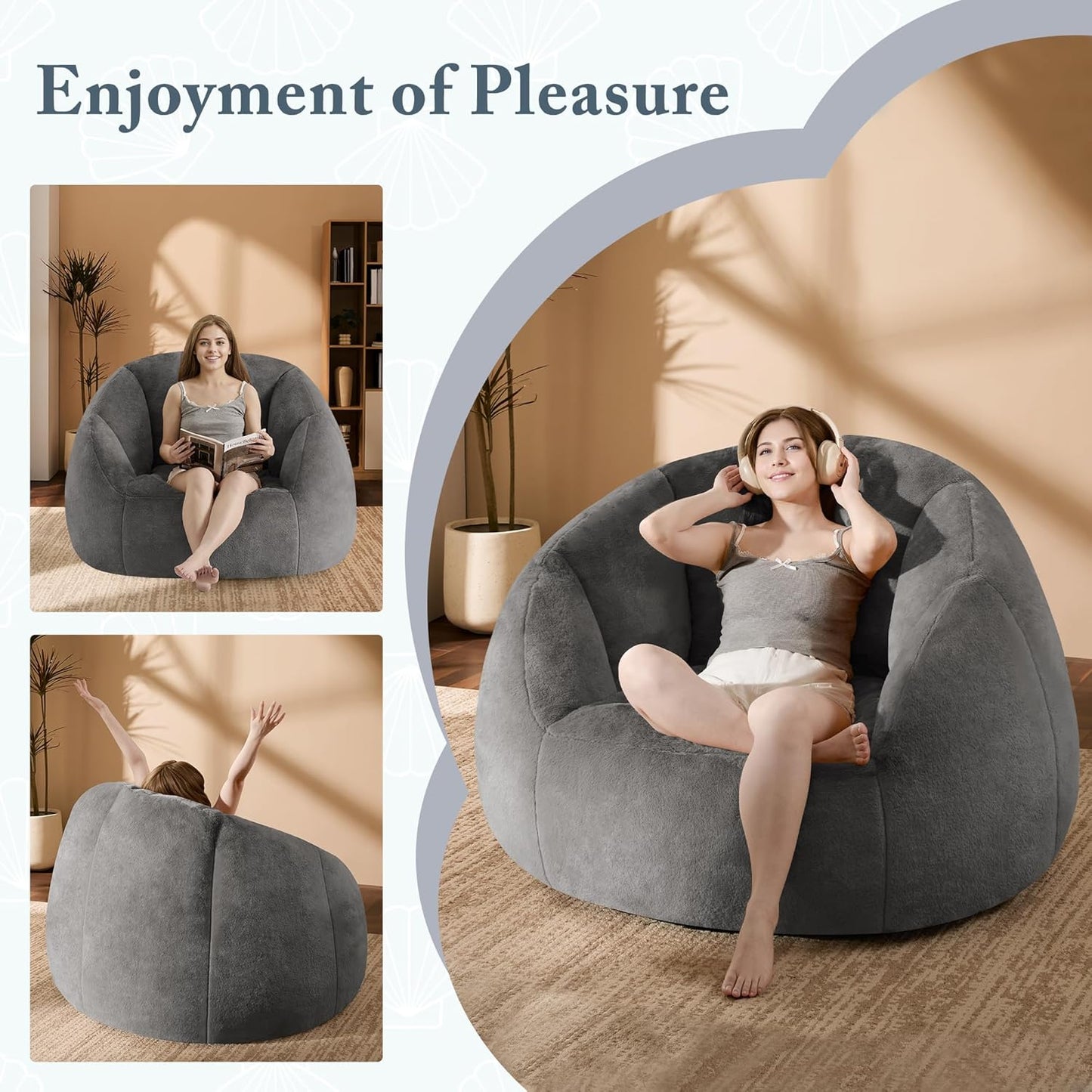 Giant Bean Bag Chaise Lounge Indoor Chair for Adults - Comfy Plush Round Shell Soft Accent Chair, Oversized Cozy Floor Sofa for Living Room, Bedroom & Game Rooms, Gray