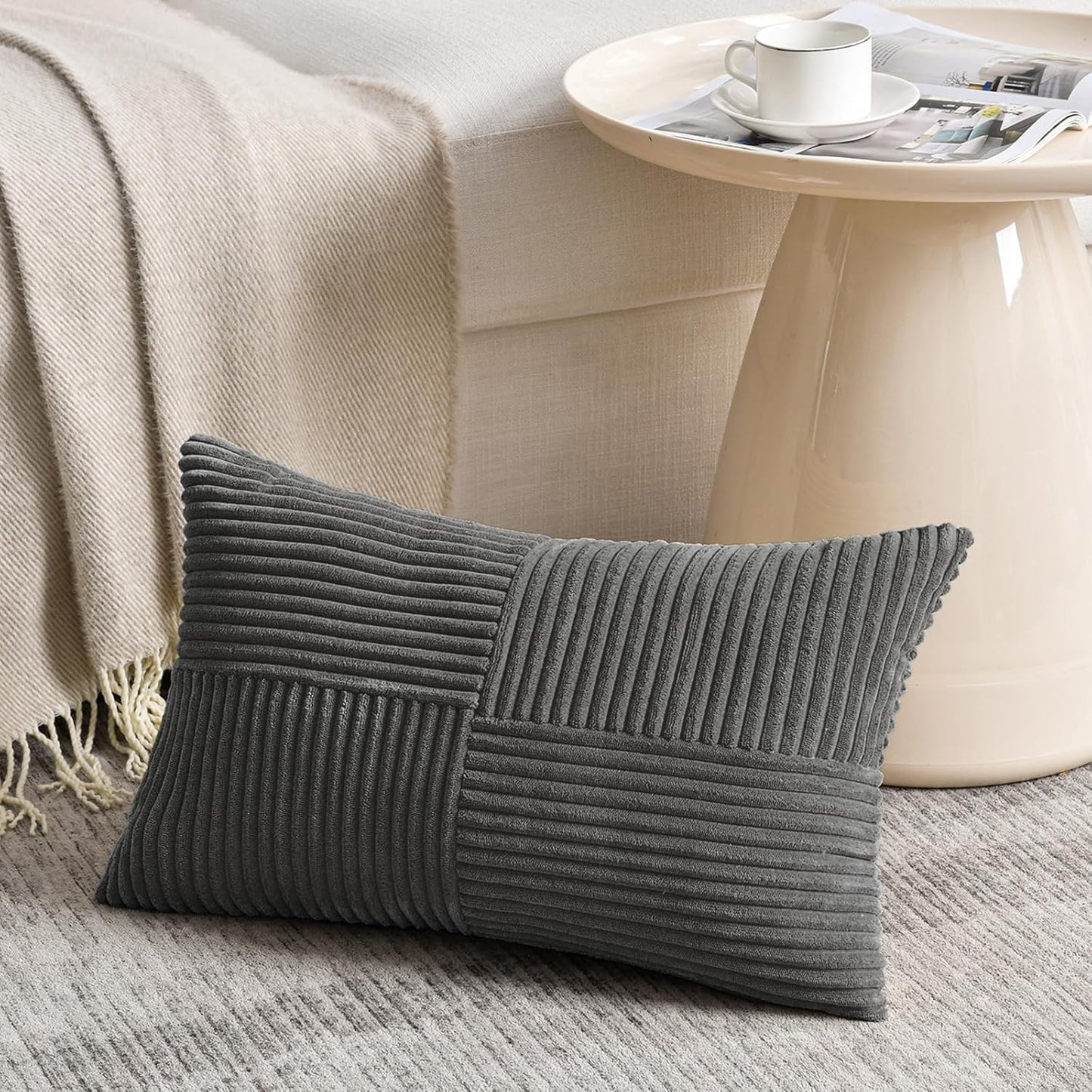 Fancy Homi 2 Packs Dark Gray Lumbar Decorative Throw Pillow Covers 16x32 Inch for Living Room Couch Bed Sofa, Farmhouse Home Decor, Soft Striped Corduroy Rectangle Accent Cushion Case 40x80 cm