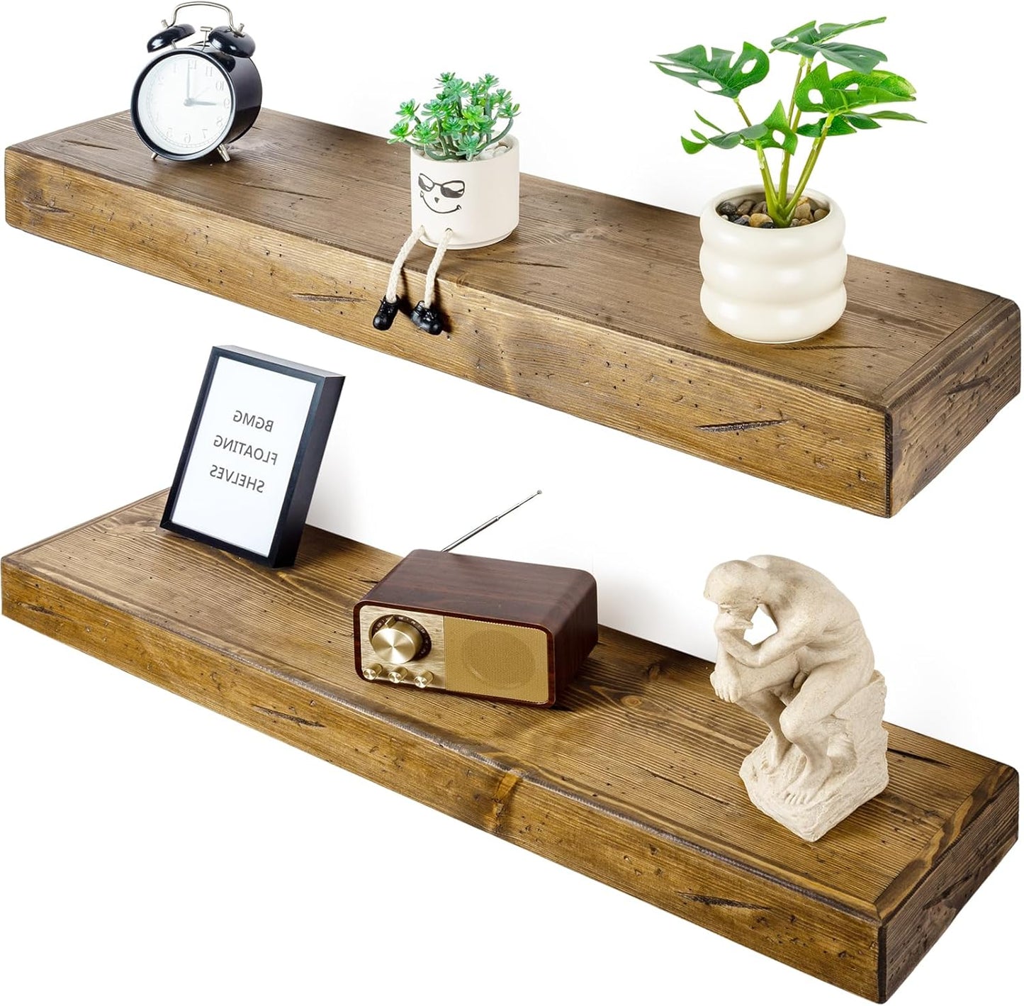 Floating Shelves 3 inch Thick for Wall Set of 2,Solid Pine Wood Wall Mount Shelf for Kitchen Living Room Bedroom Bathroom,8" D x 24" L x 3" H-Distressed Black Walnut