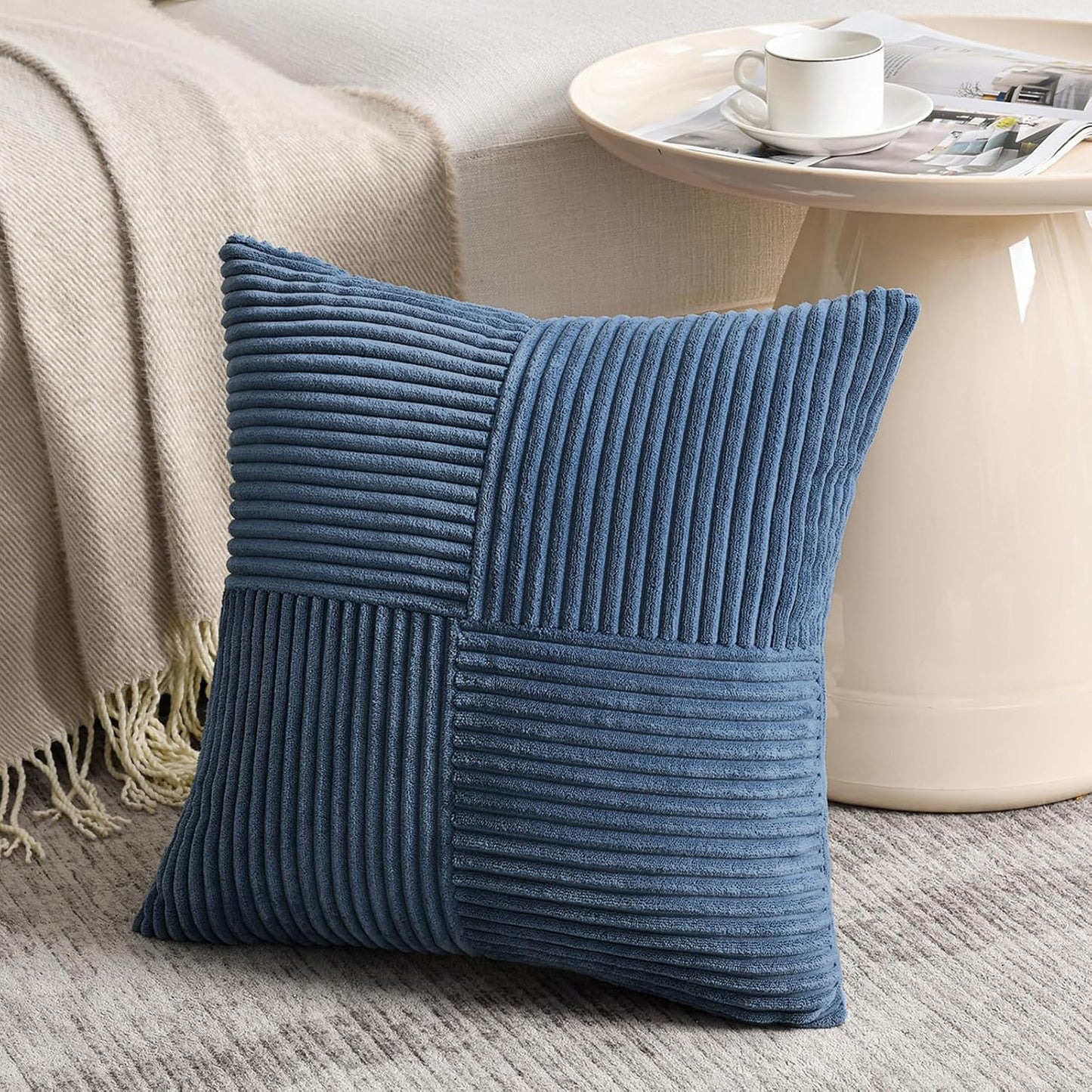 Fancy Homi 2 Packs Dusty Blue Decorative Throw Pillow Covers 16x16 Inch for Living Room Couch Bed Sofa, Farmhouse Boho Home Decor, Soft Corss Patchwork Corduroy Textured Square Cushion Case 40x40 cm